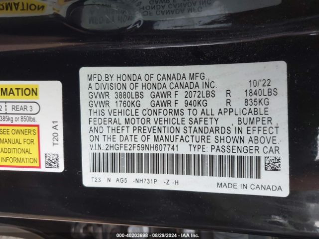 Photo 8 VIN: 2HGFE2F59NH607741 - HONDA CIVIC 