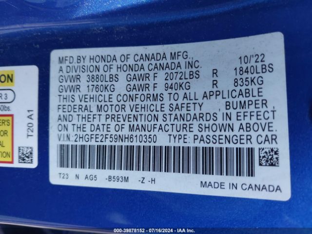 Photo 8 VIN: 2HGFE2F59NH610350 - HONDA CIVIC 