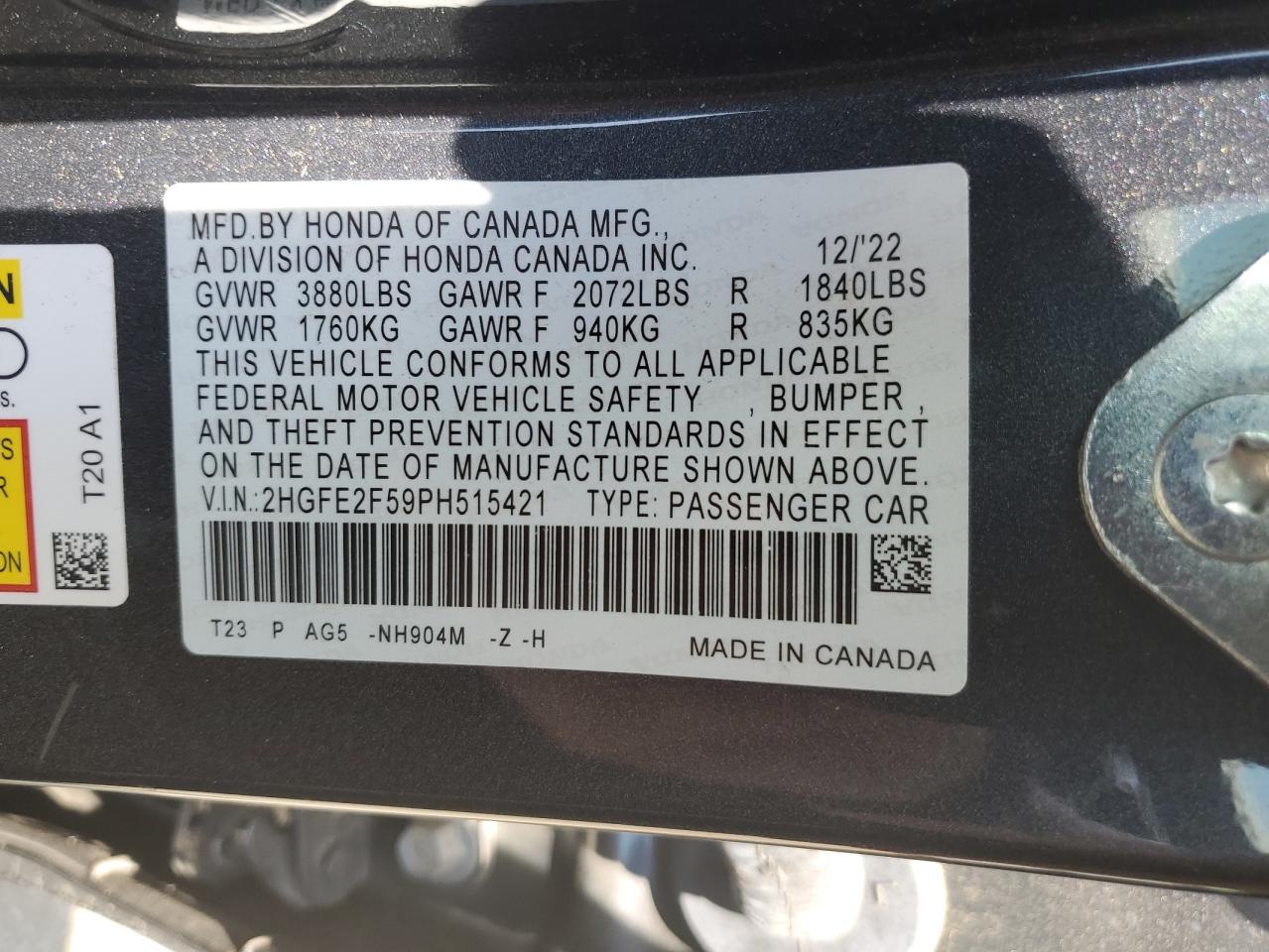 Photo 11 VIN: 2HGFE2F59PH515421 - HONDA CIVIC 