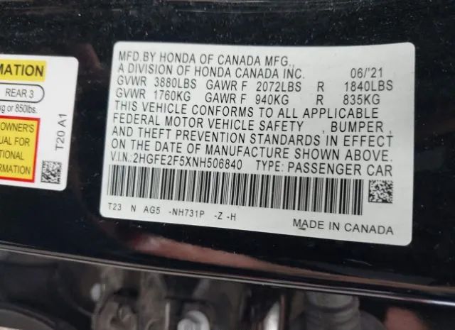 Photo 8 VIN: 2HGFE2F5XNH506840 - HONDA CIVIC 