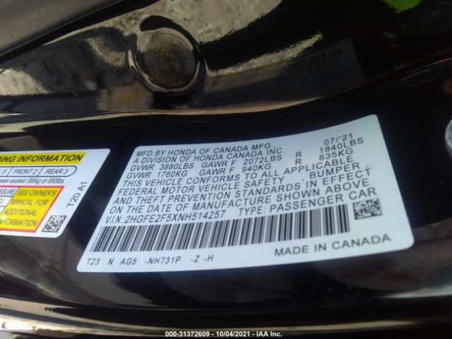 Photo 8 VIN: 2HGFE2F5XNH514257 - HONDA CIVIC SEDAN 