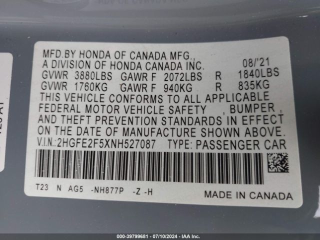 Photo 8 VIN: 2HGFE2F5XNH527087 - HONDA CIVIC 