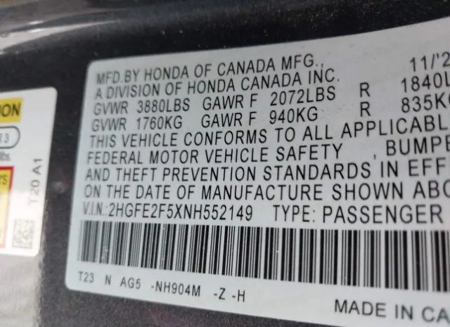 Photo 8 VIN: 2HGFE2F5XNH552149 - HONDA CIVIC SEDAN 