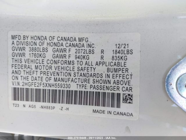 Photo 8 VIN: 2HGFE2F5XNH559330 - HONDA CIVIC 