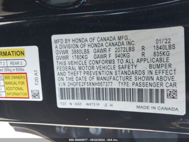 Photo 8 VIN: 2HGFE2F5XNH567377 - HONDA CIVIC 