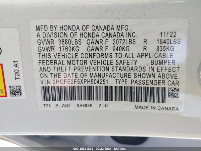 Photo 8 VIN: 2HGFE2F5XPH504251 - HONDA CIVIC 