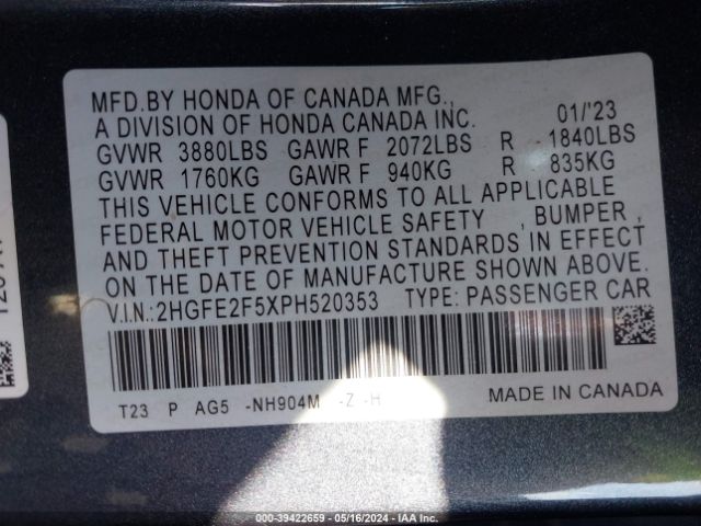 Photo 8 VIN: 2HGFE2F5XPH520353 - HONDA CIVIC 