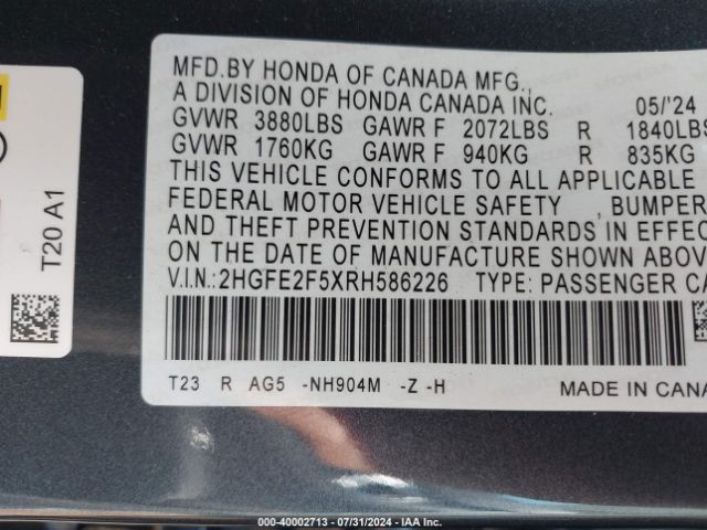 Photo 8 VIN: 2HGFE2F5XRH586226 - HONDA CIVIC 