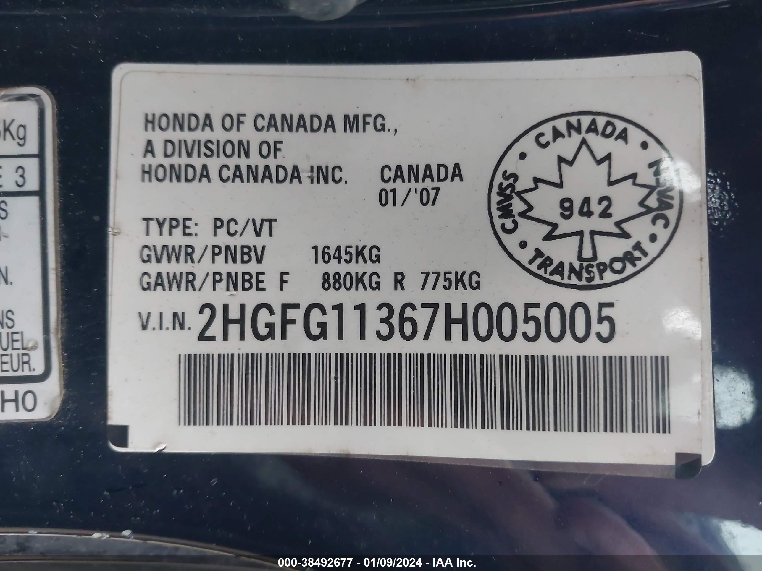 Photo 8 VIN: 2HGFG11367H005005 - HONDA CIVIC 