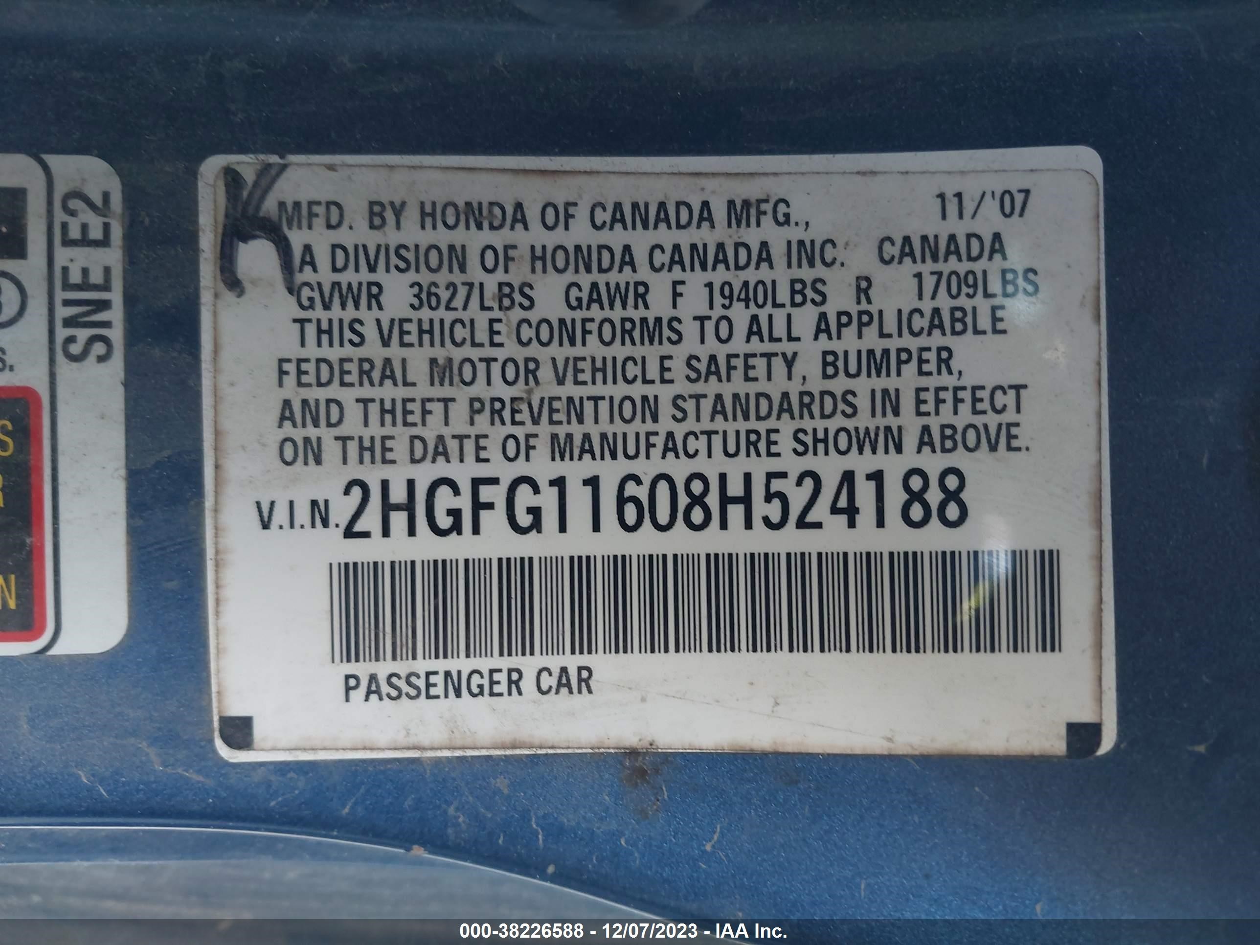 Photo 8 VIN: 2HGFG11608H524188 - HONDA CIVIC 