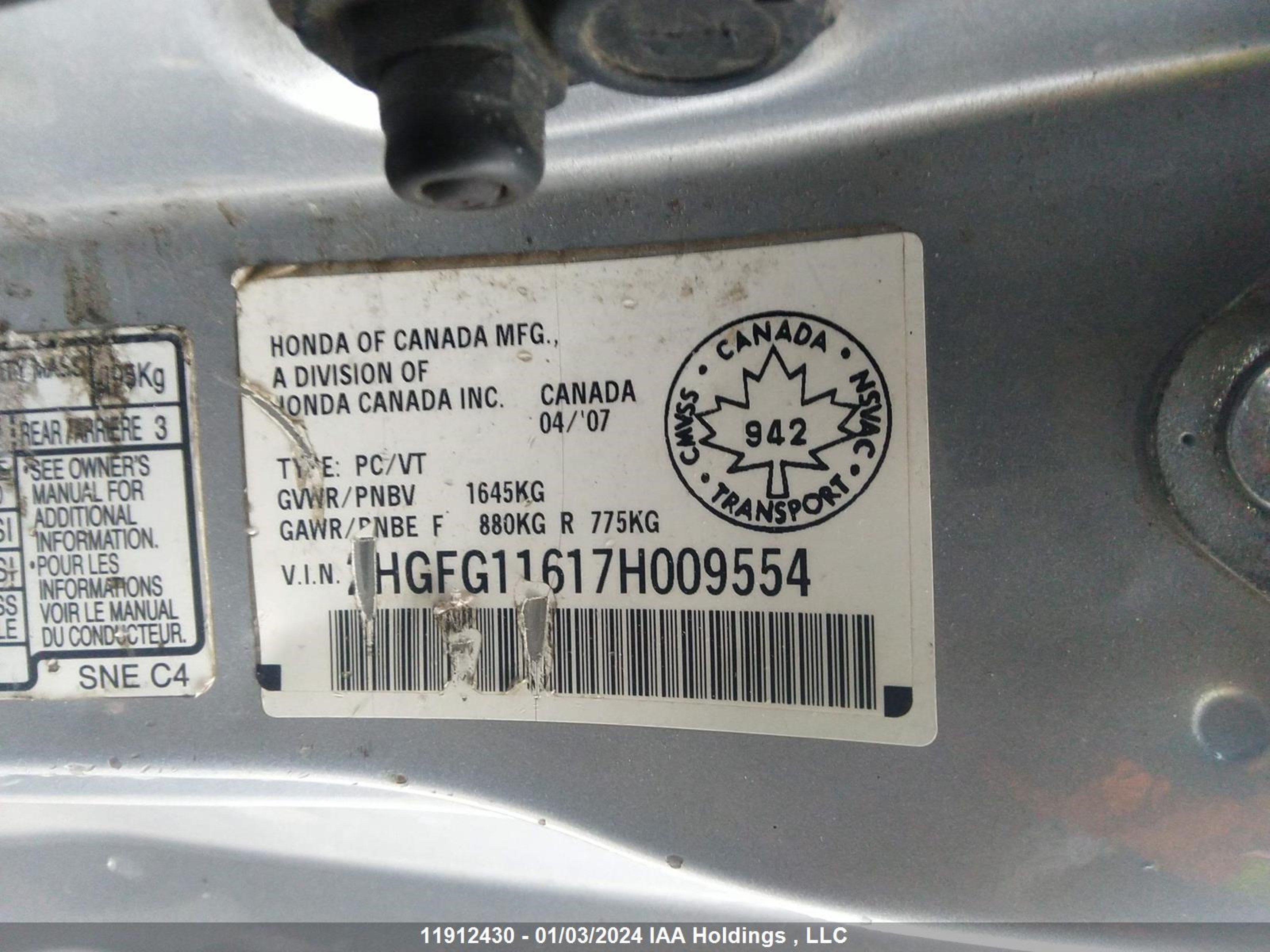 Photo 8 VIN: 2HGFG11617H009554 - HONDA CIVIC 