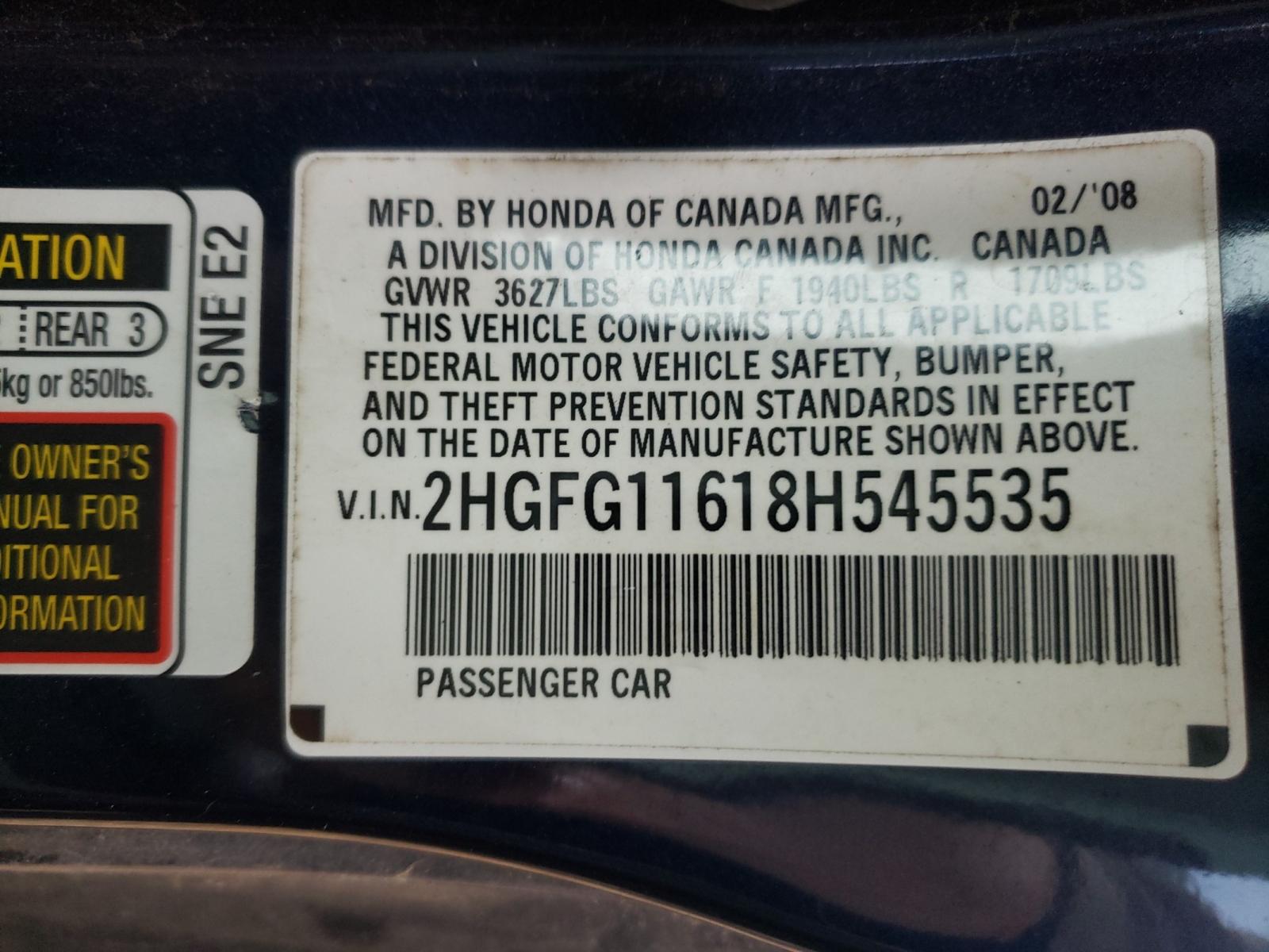 Photo 9 VIN: 2HGFG11618H545535 - HONDA CIVIC LX 