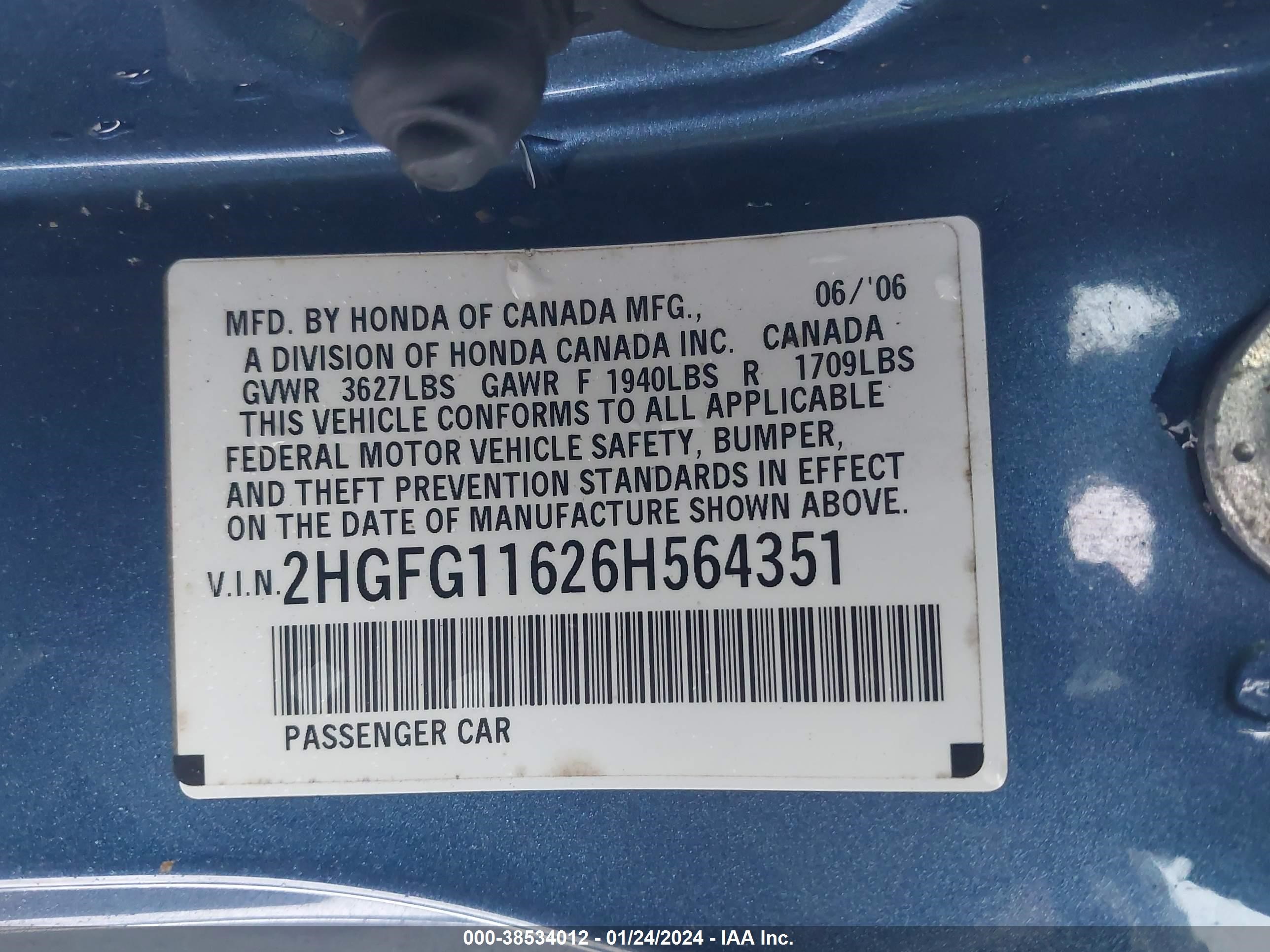 Photo 8 VIN: 2HGFG11626H564351 - HONDA CIVIC 