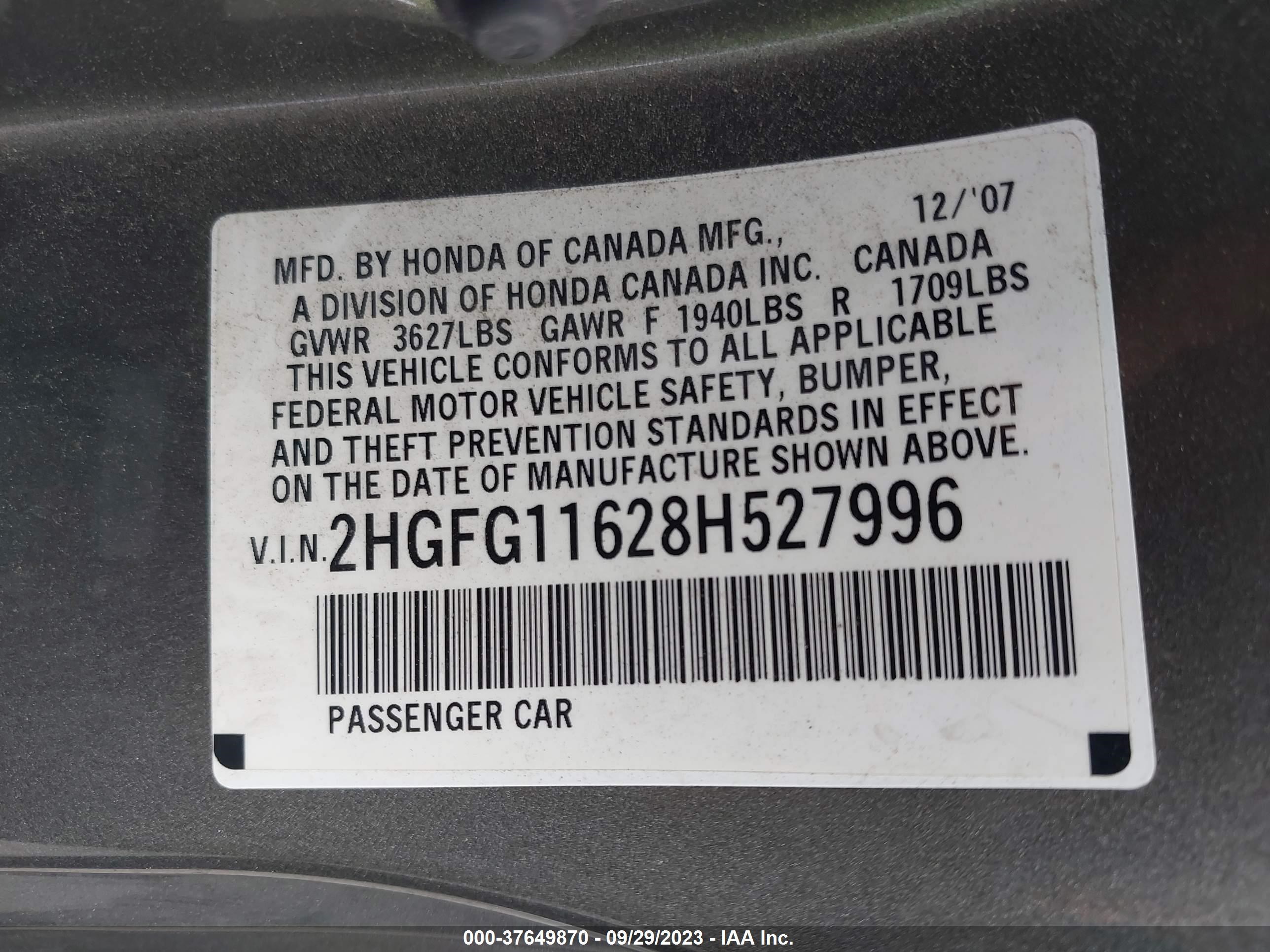 Photo 8 VIN: 2HGFG11628H527996 - HONDA CIVIC 