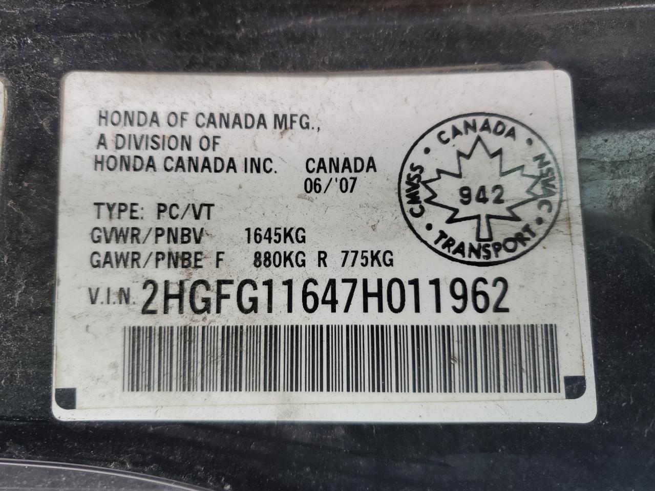 Photo 11 VIN: 2HGFG11647H011962 - HONDA CIVIC 