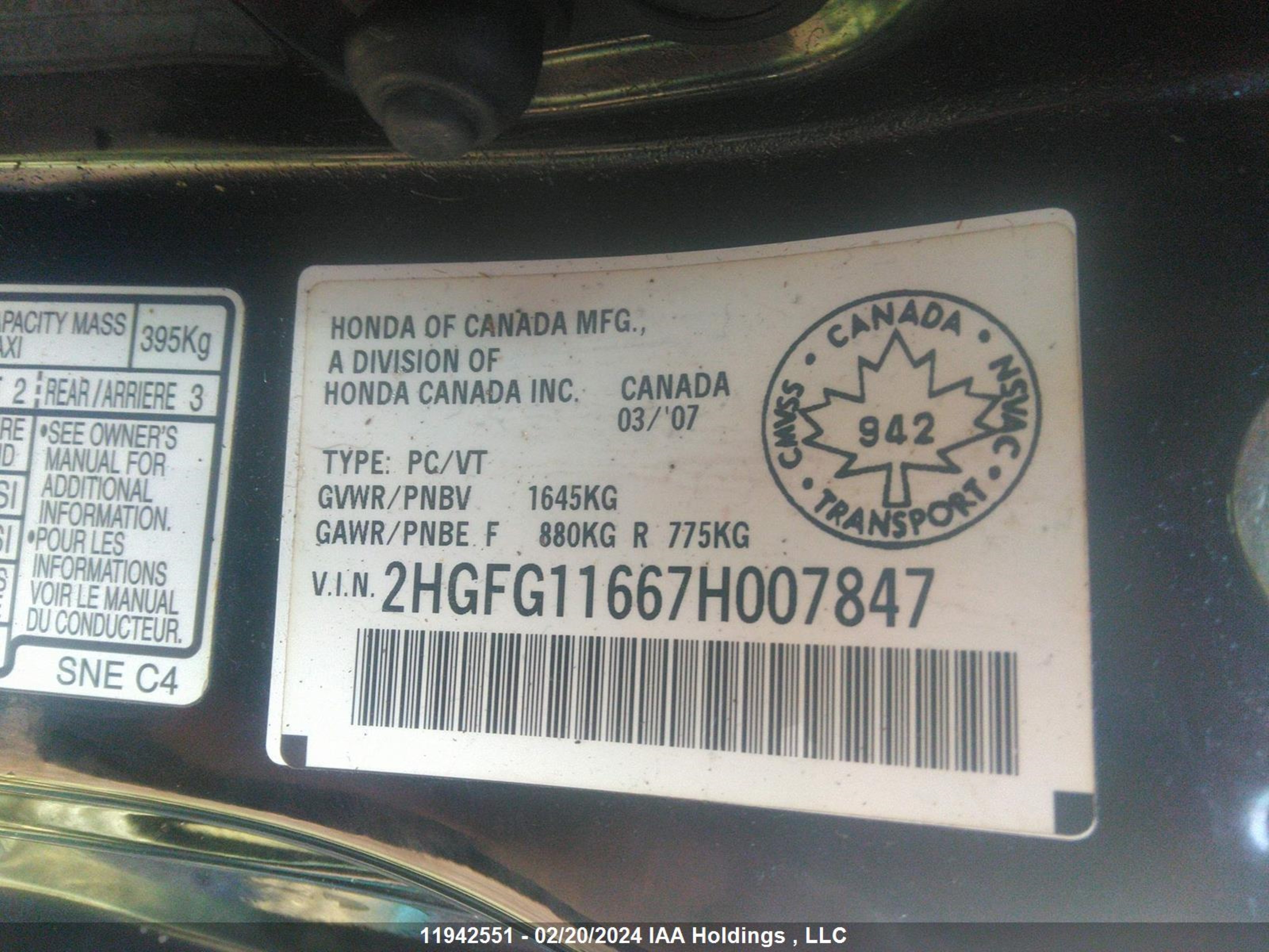 Photo 8 VIN: 2HGFG11667H007847 - HONDA CIVIC 