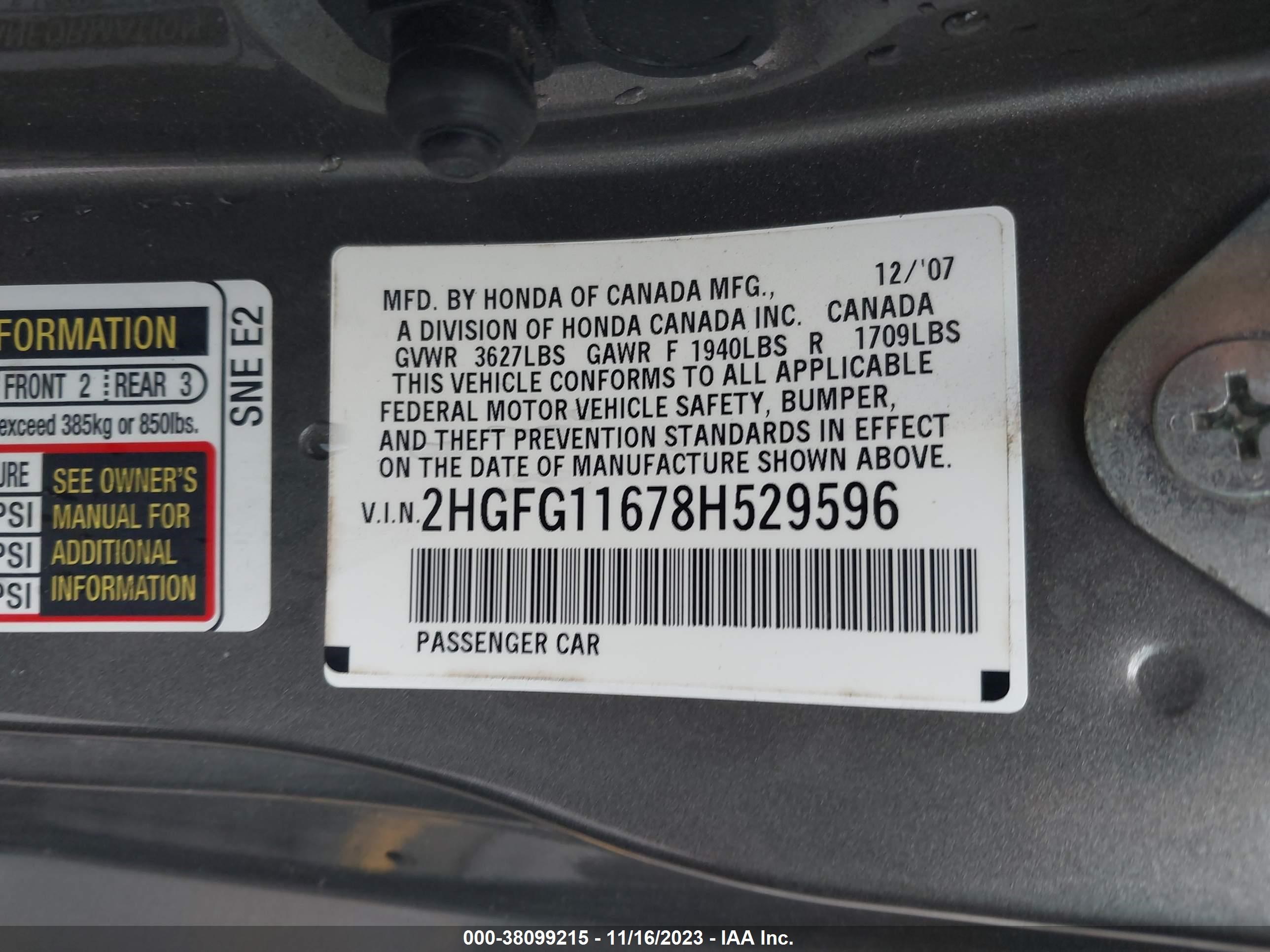 Photo 8 VIN: 2HGFG11678H529596 - HONDA CIVIC 