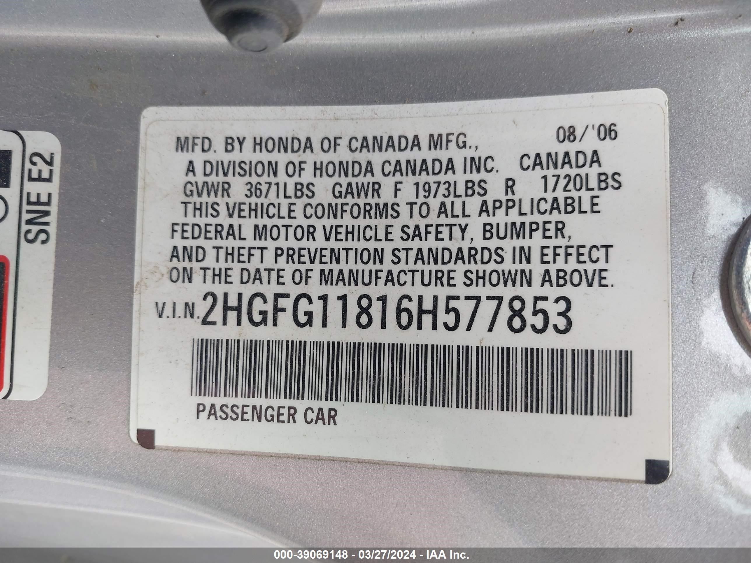 Photo 8 VIN: 2HGFG118168577853 - HONDA CIVIC 