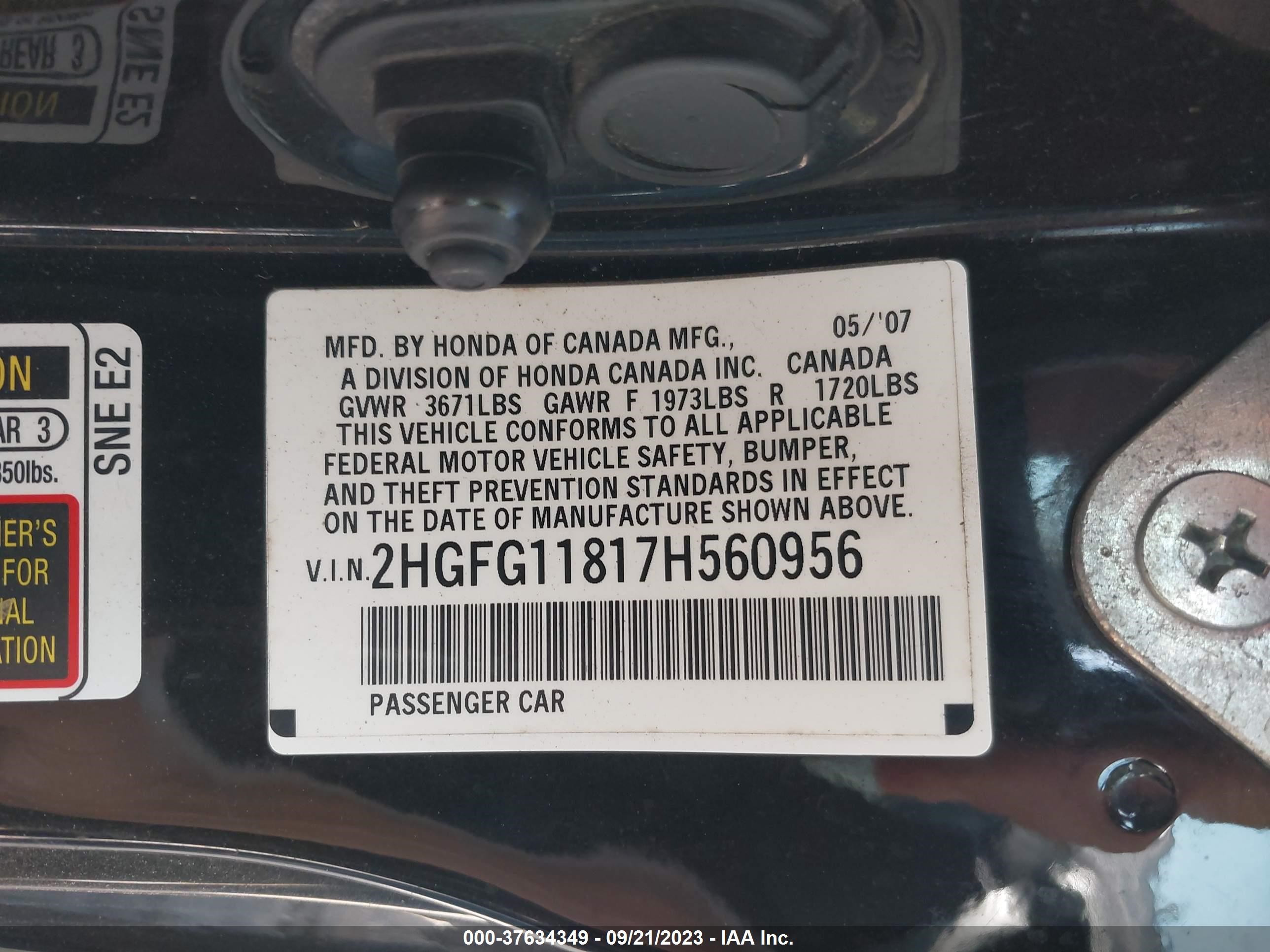 Photo 8 VIN: 2HGFG11817H560956 - HONDA CIVIC 