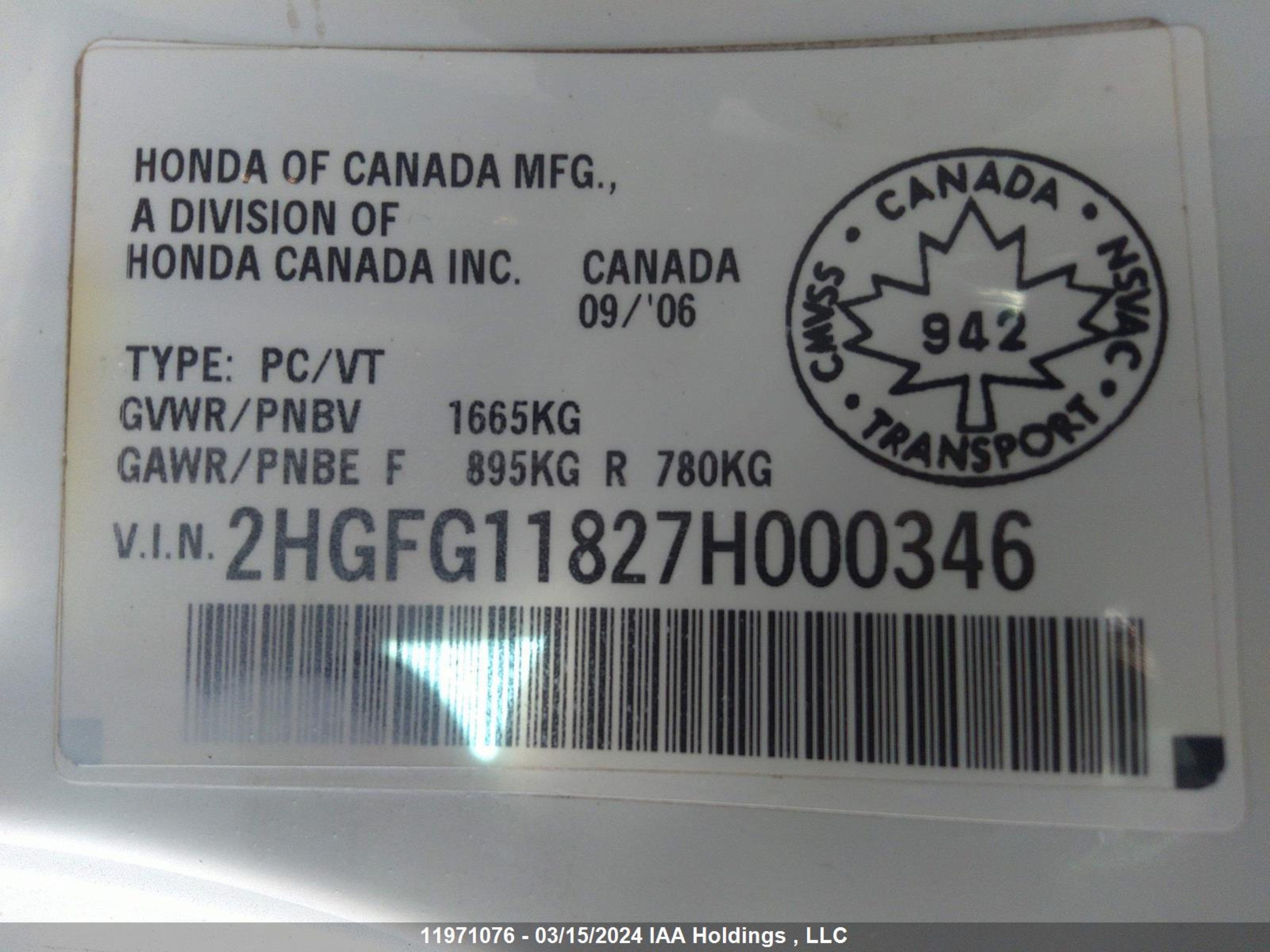 Photo 8 VIN: 2HGFG11827H000346 - HONDA CIVIC 