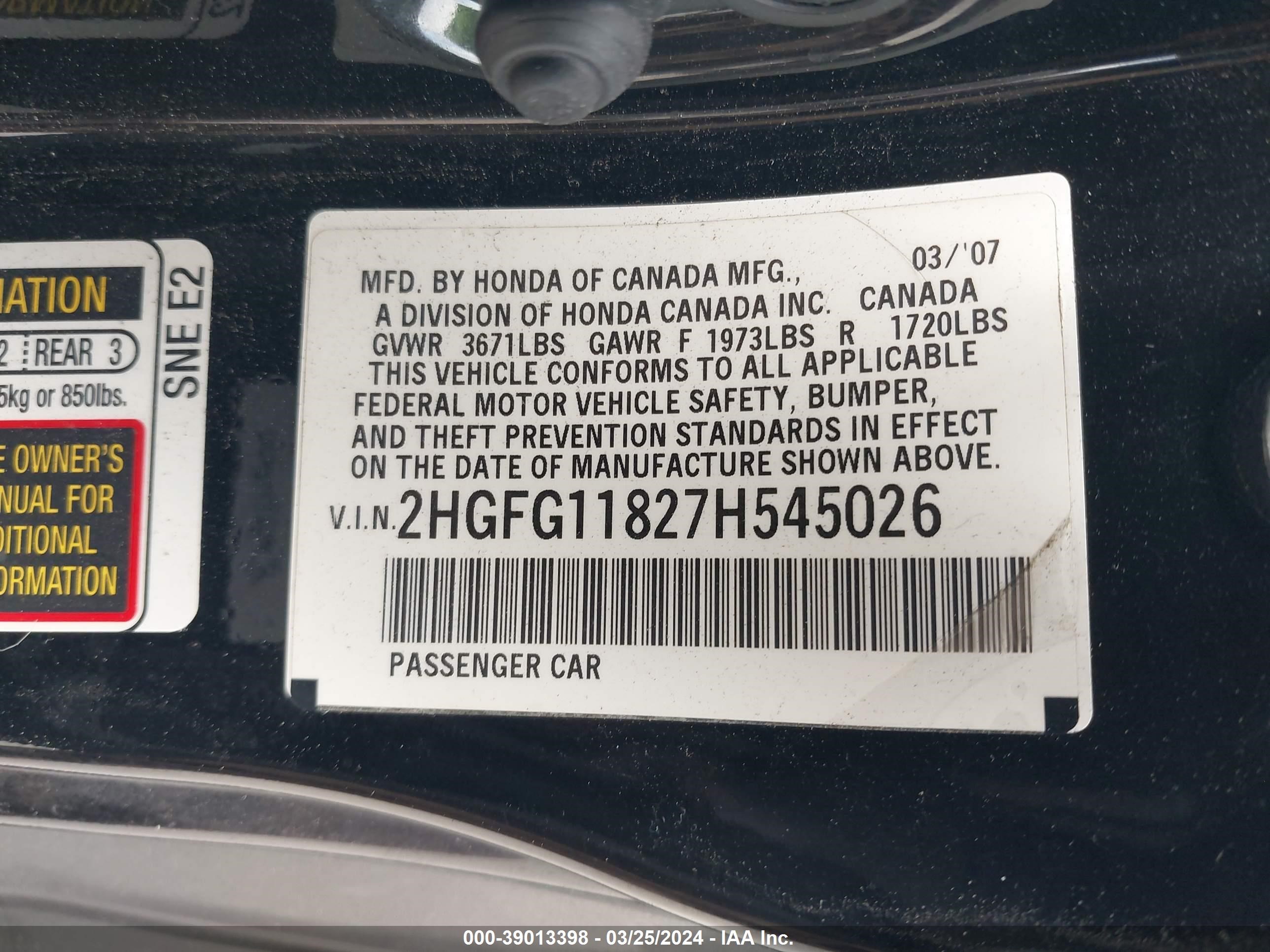 Photo 8 VIN: 2HGFG11827H545026 - HONDA CIVIC 