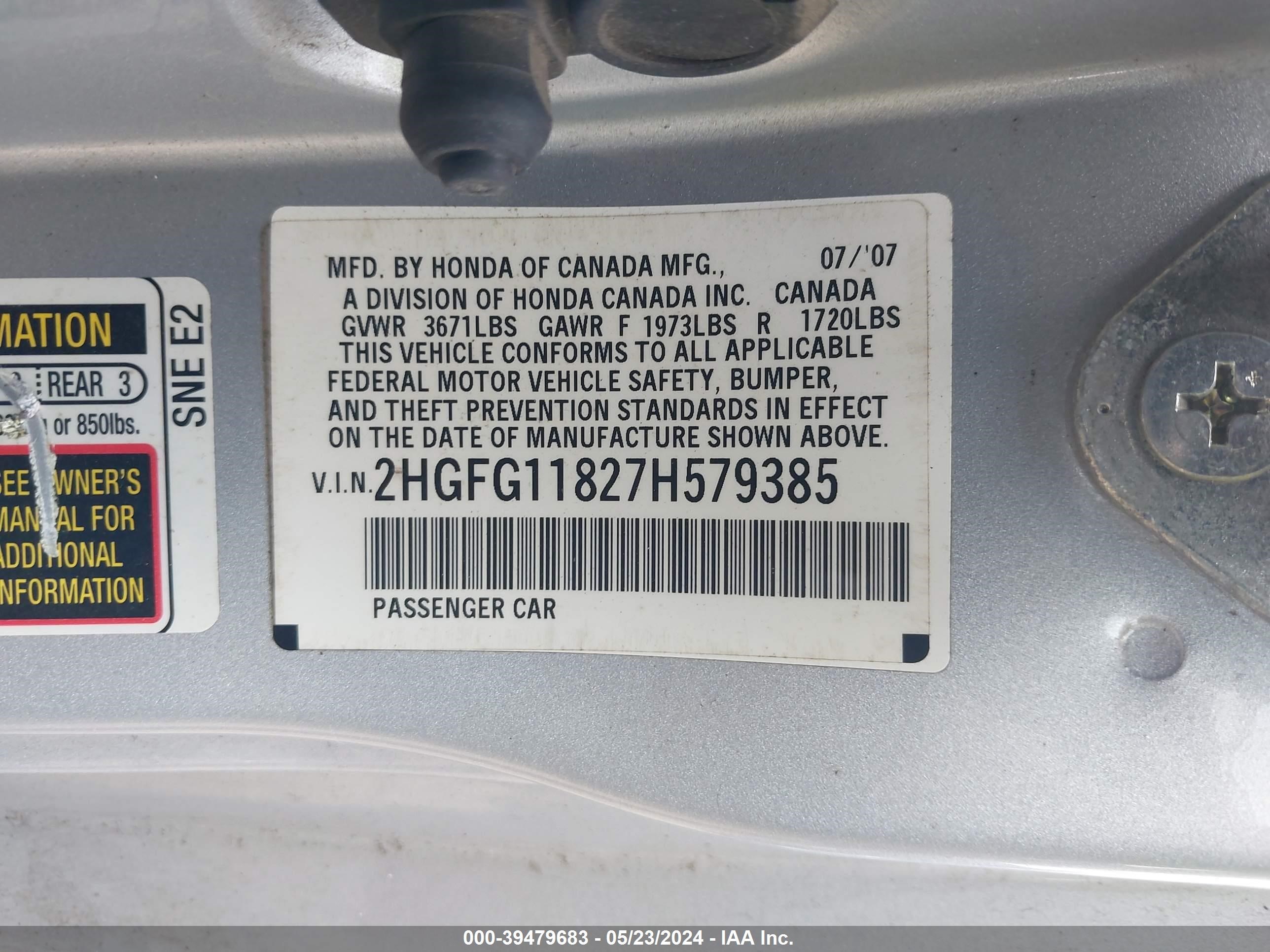 Photo 8 VIN: 2HGFG11827H579385 - HONDA CIVIC 