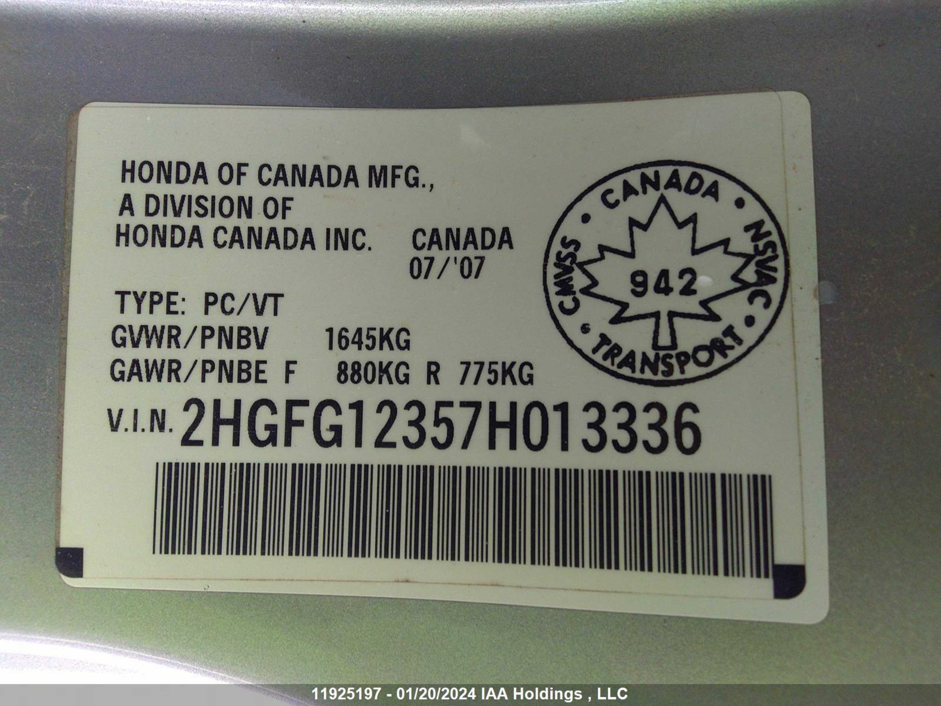 Photo 8 VIN: 2HGFG12357H013336 - HONDA CIVIC 