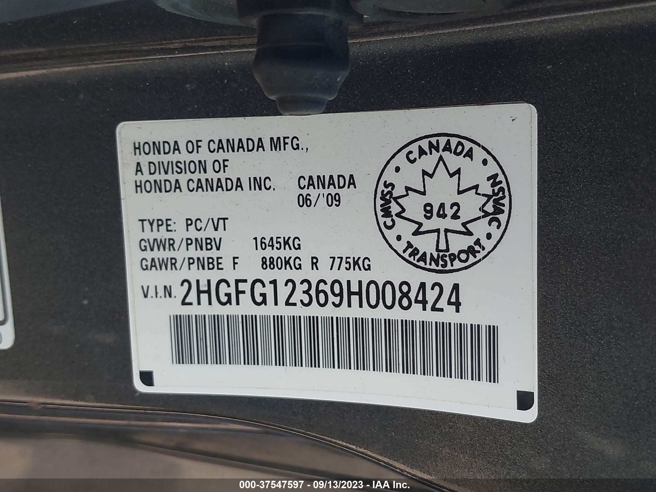 Photo 8 VIN: 2HGFG12369H008424 - HONDA CIVIC 