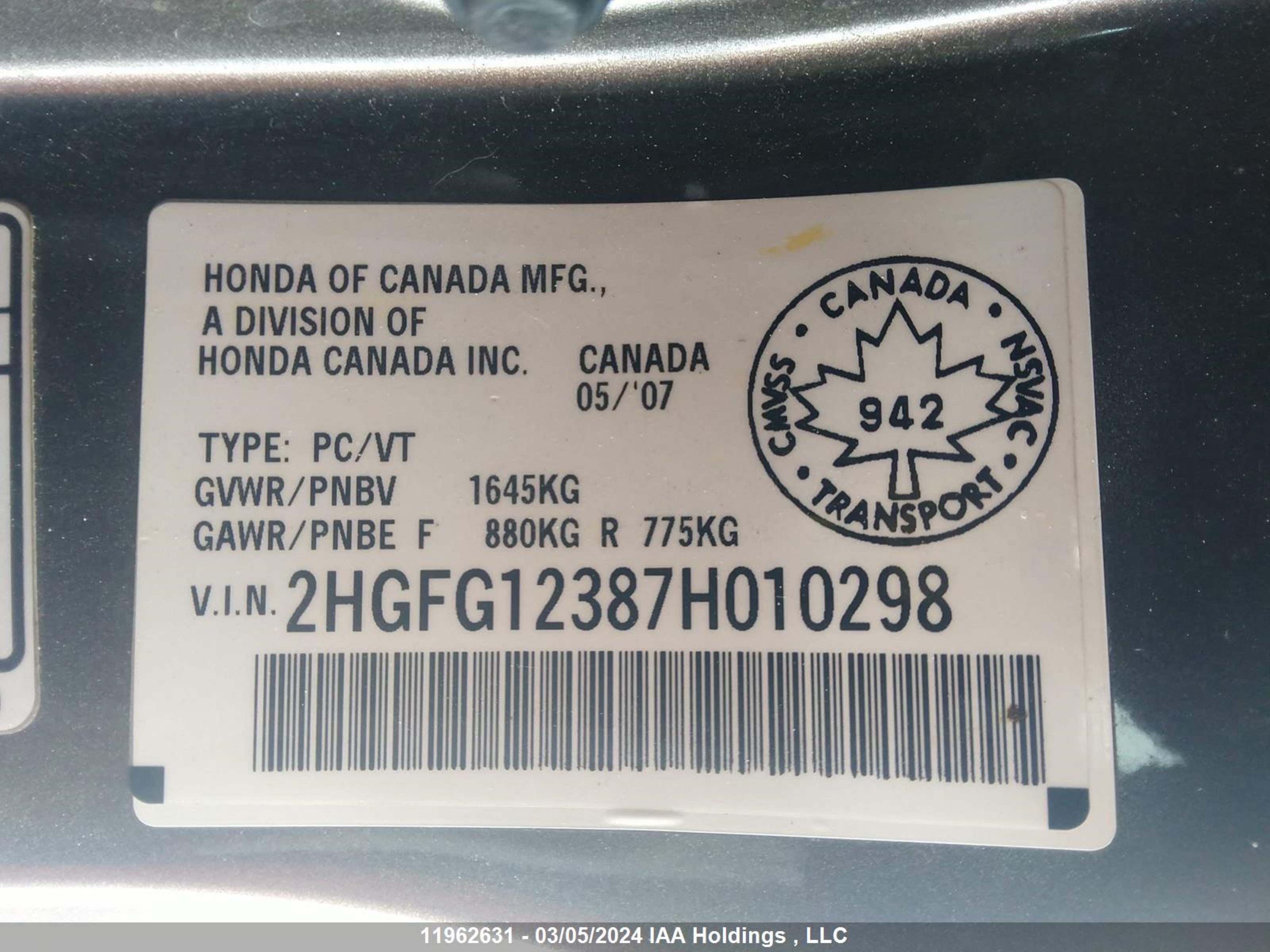 Photo 8 VIN: 2HGFG12387H010298 - HONDA CIVIC 