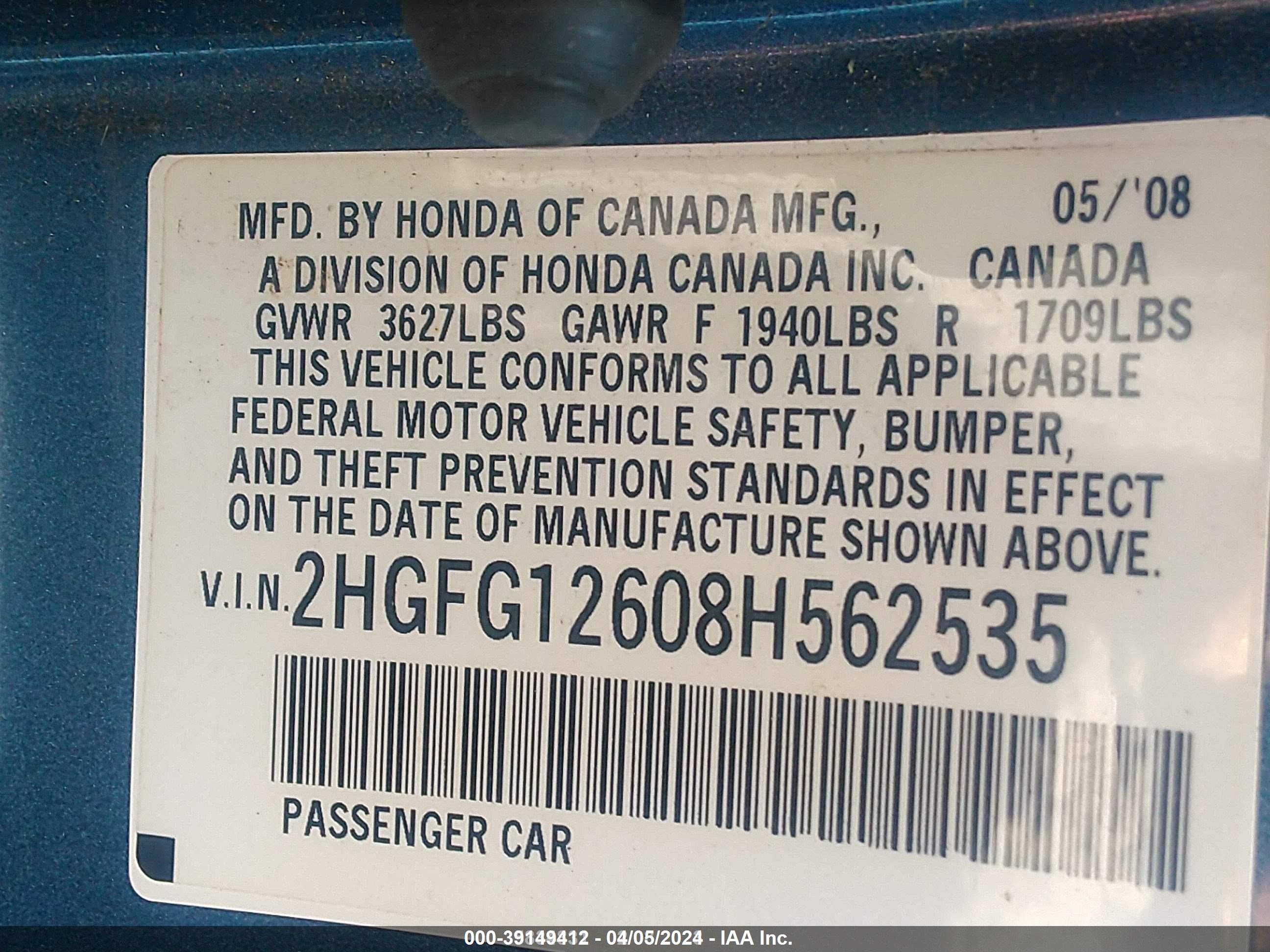 Photo 9 VIN: 2HGFG12608H562535 - HONDA CIVIC 