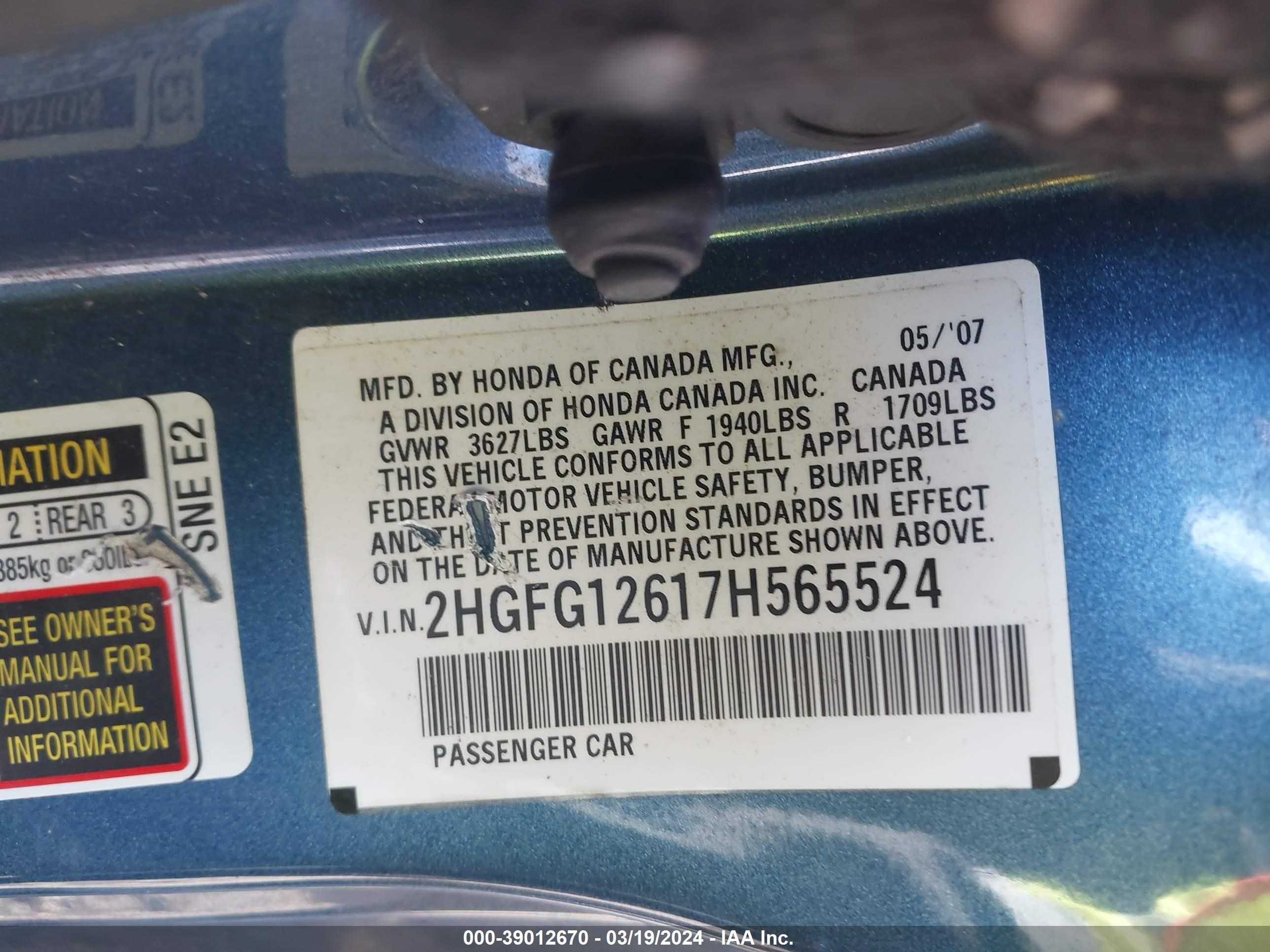 Photo 8 VIN: 2HGFG12617H565524 - HONDA CIVIC 