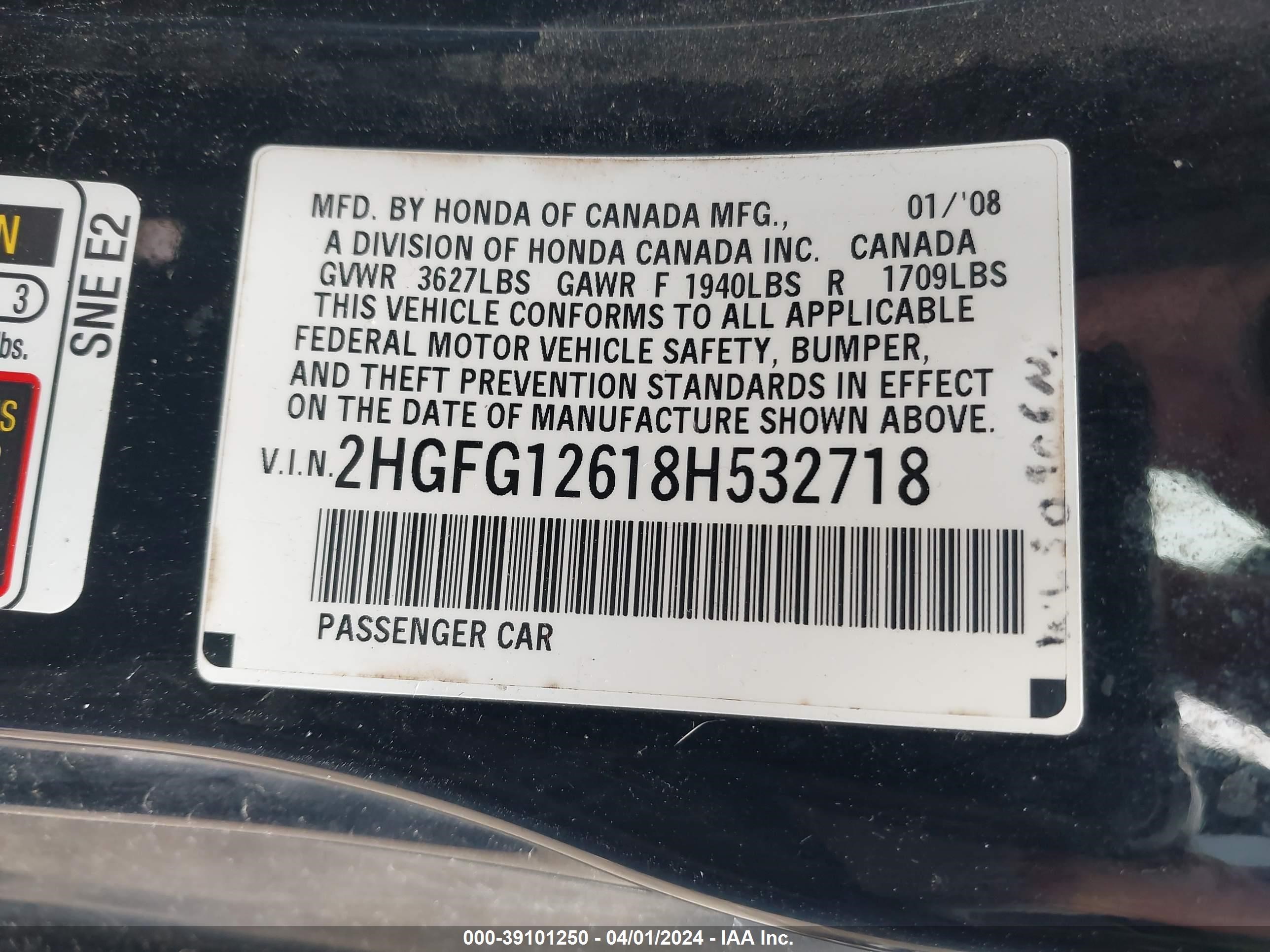 Photo 8 VIN: 2HGFG12618H532718 - HONDA CIVIC 