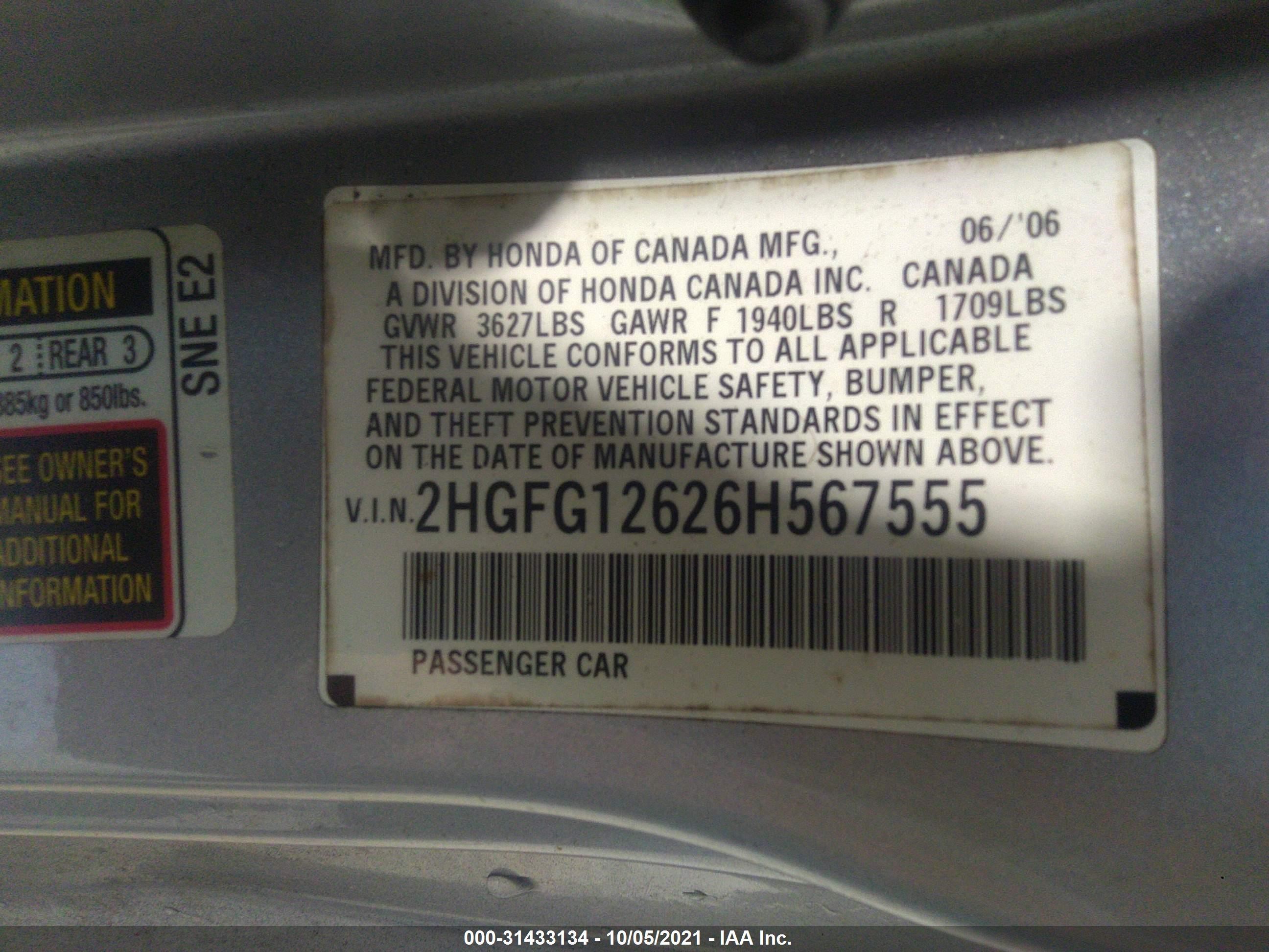 Photo 8 VIN: 2HGFG12626H567555 - HONDA CIVIC 