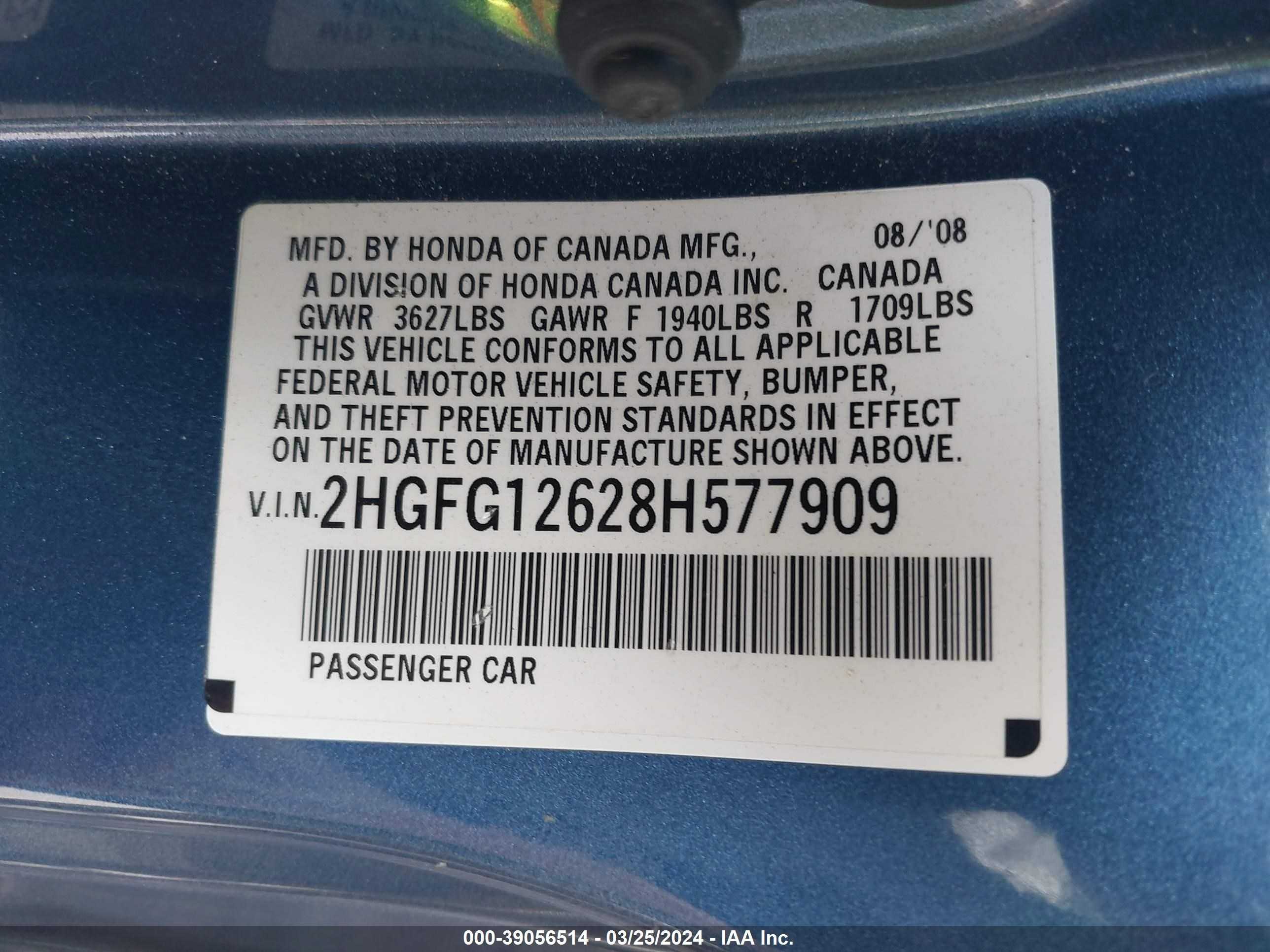 Photo 8 VIN: 2HGFG12628H577909 - HONDA CIVIC 