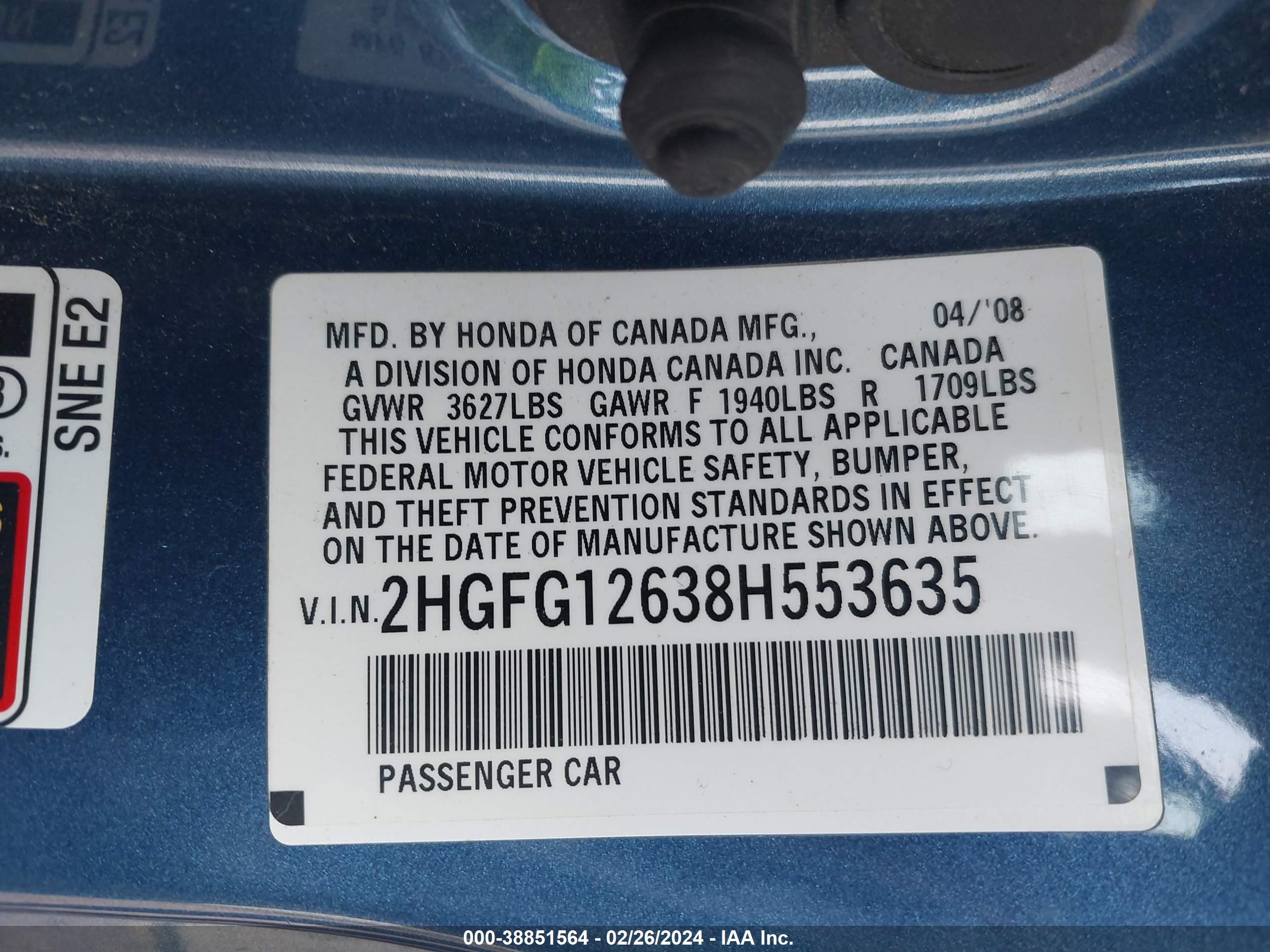 Photo 8 VIN: 2HGFG12638H553635 - HONDA CIVIC 