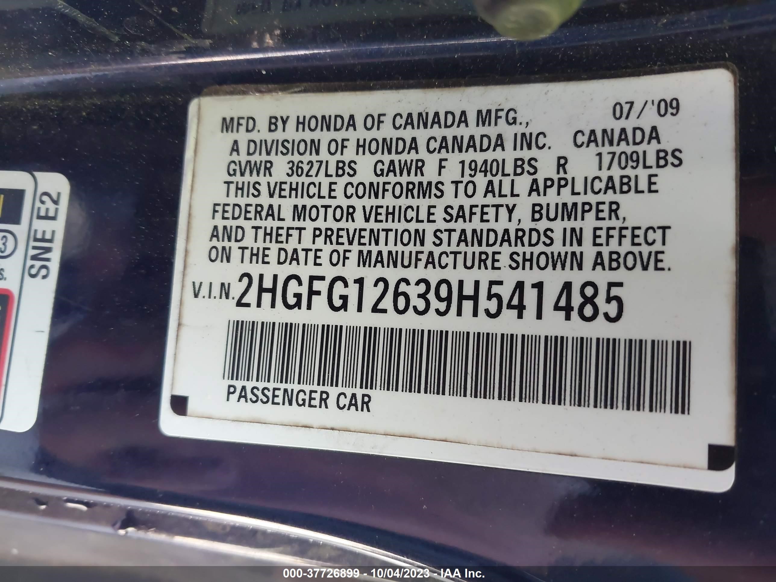 Photo 8 VIN: 2HGFG12639H541485 - HONDA CIVIC 