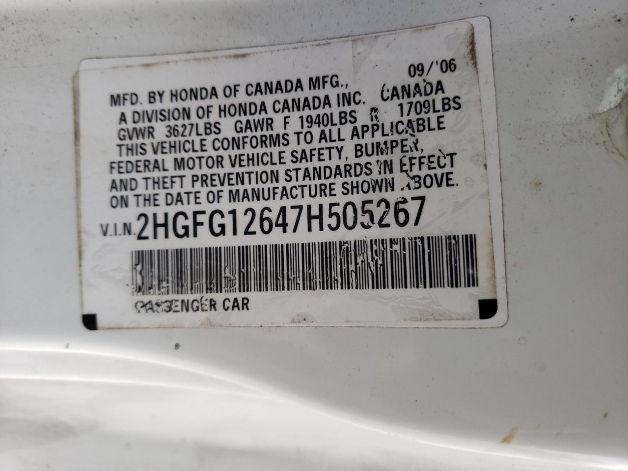 Photo 11 VIN: 2HGFG12647H505267 - HONDA CIVIC 