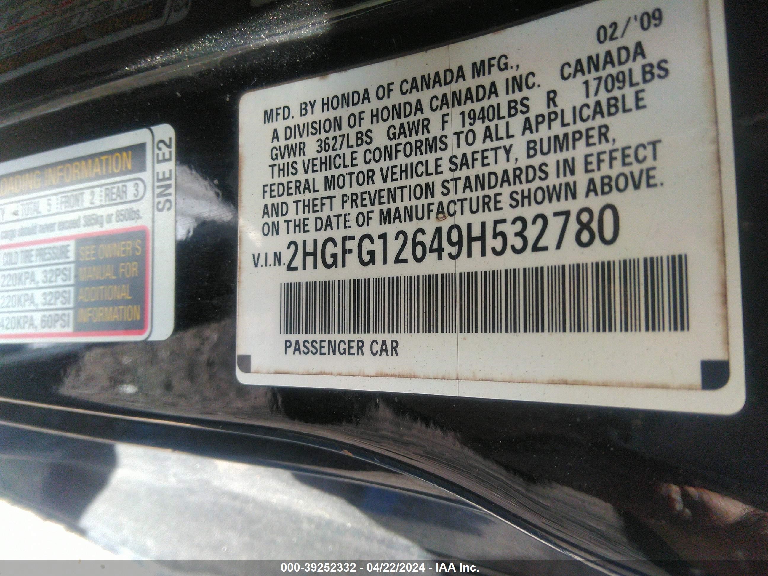 Photo 8 VIN: 2HGFG12649H532780 - HONDA CIVIC 