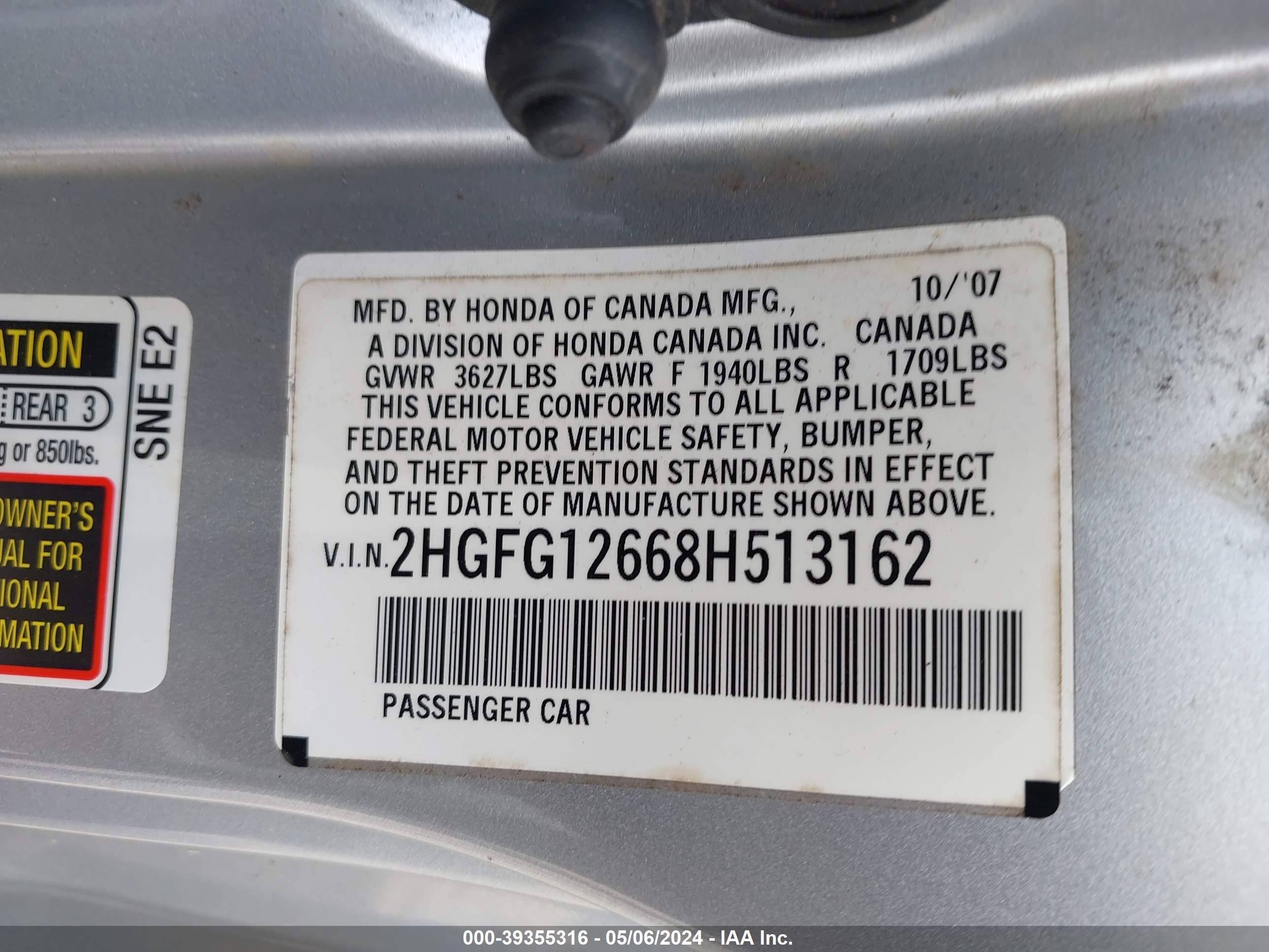 Photo 8 VIN: 2HGFG12668H513162 - HONDA CIVIC 