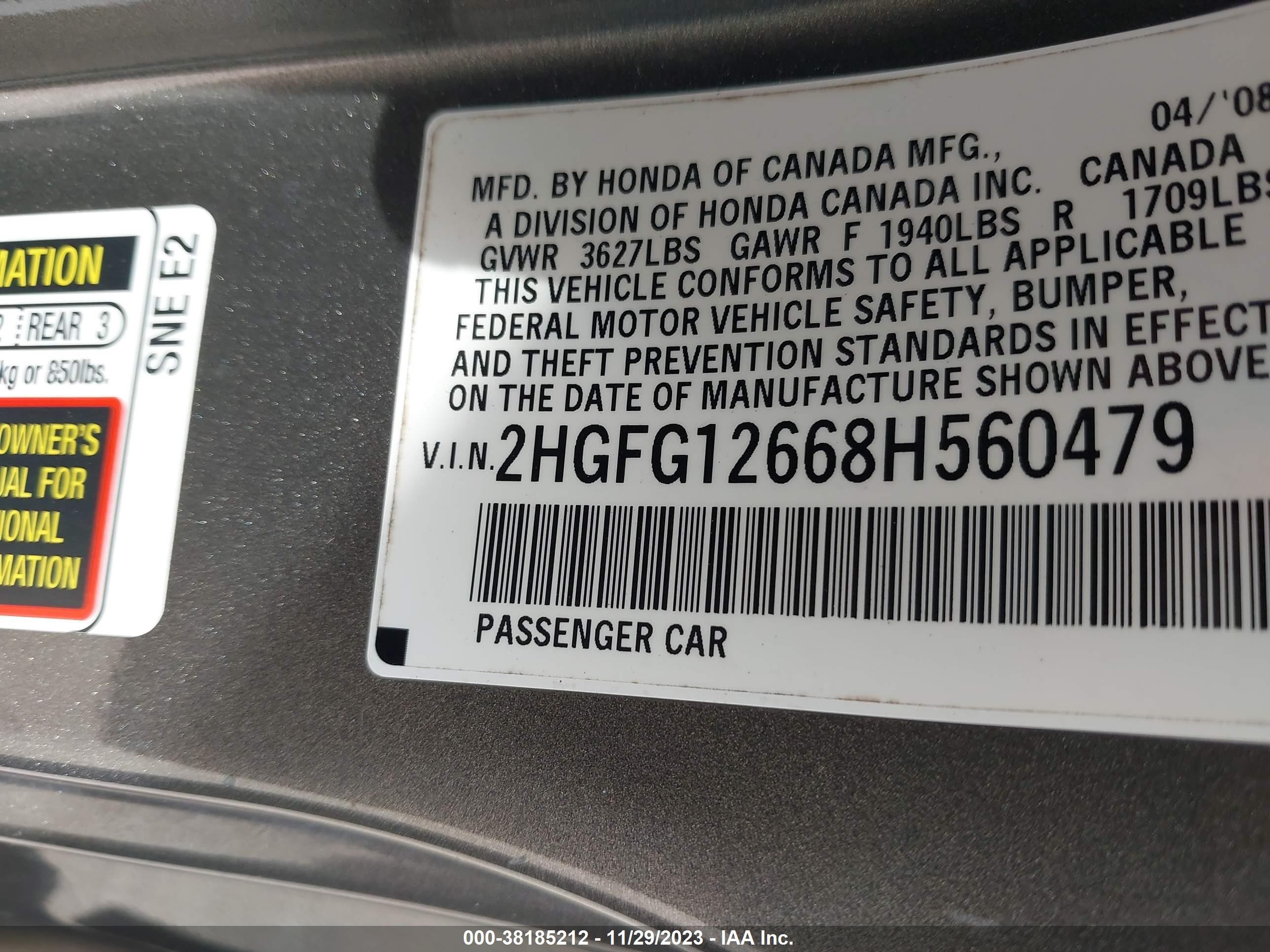 Photo 8 VIN: 2HGFG12668H560479 - HONDA CIVIC 