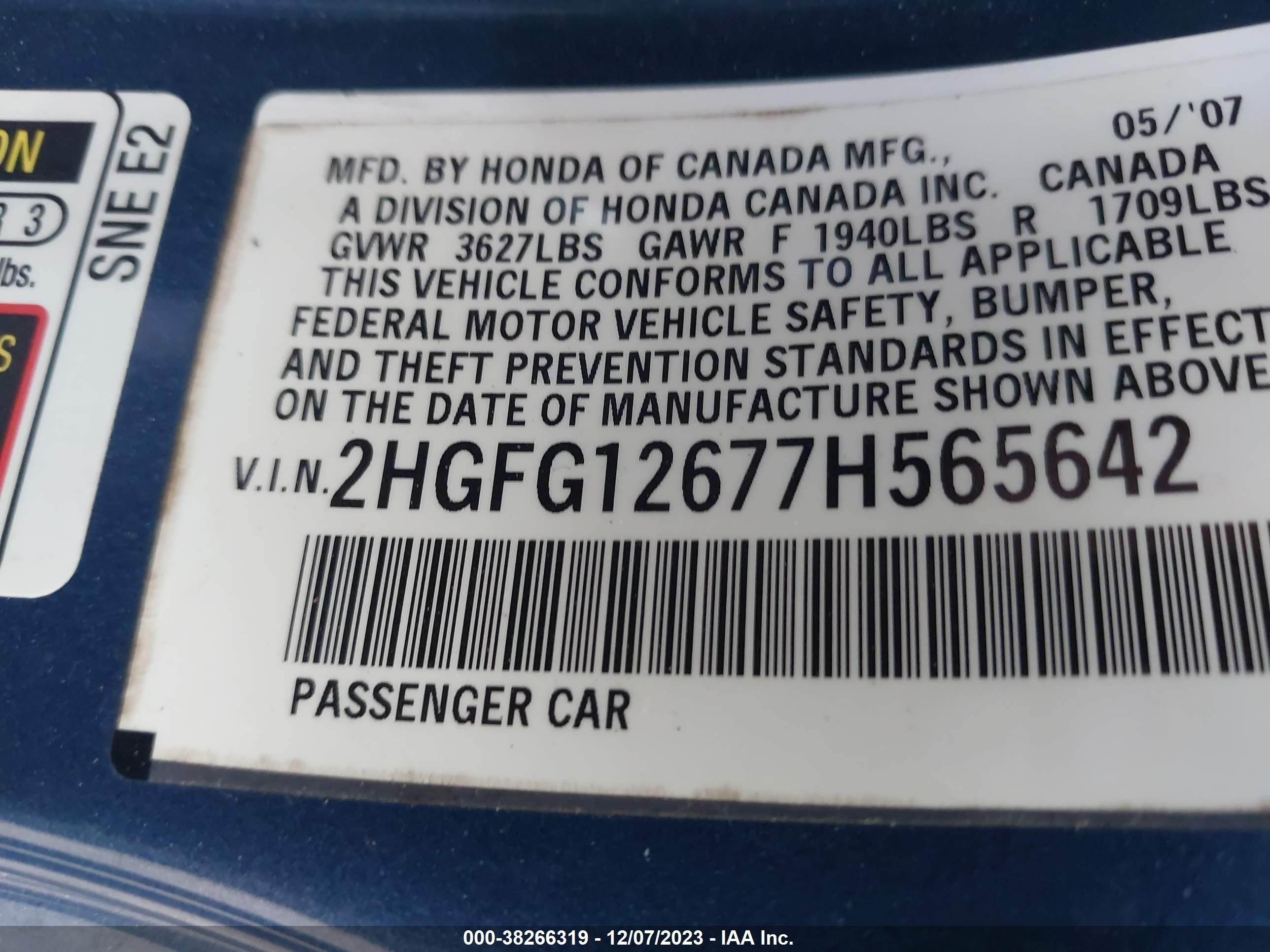 Photo 8 VIN: 2HGFG12677H565642 - HONDA CIVIC 