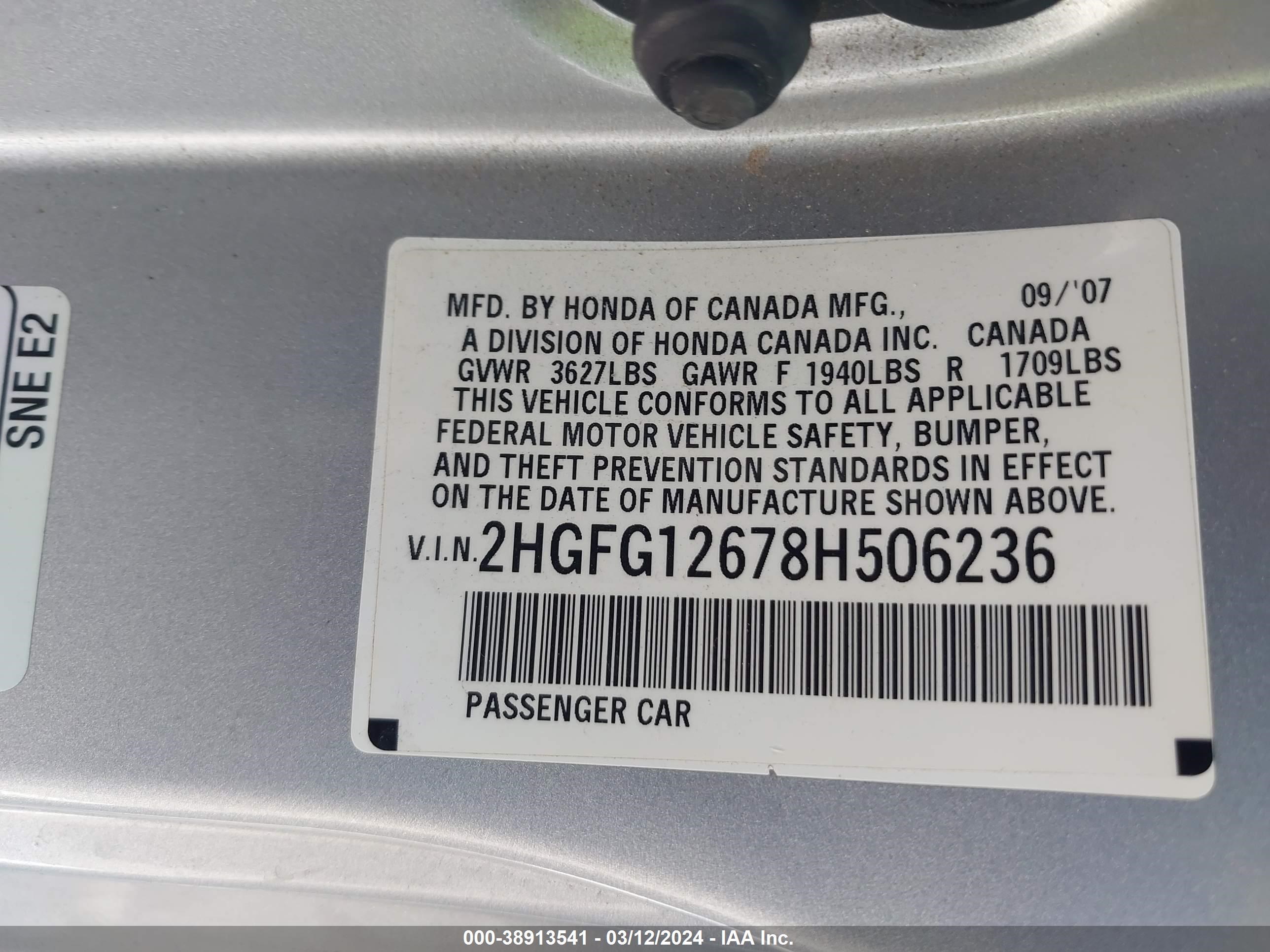 Photo 8 VIN: 2HGFG12678H506236 - HONDA CIVIC 