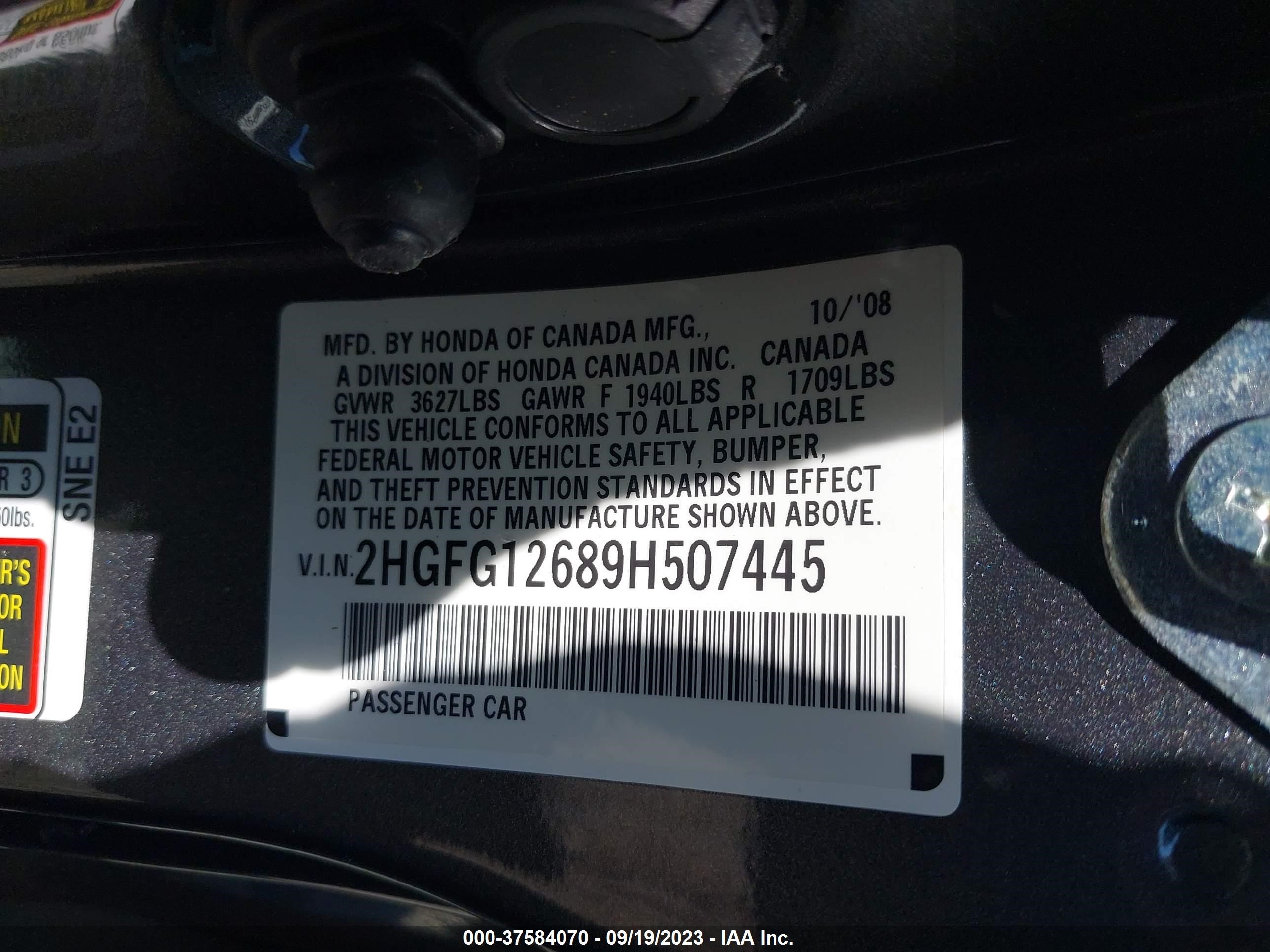 Photo 8 VIN: 2HGFG12689H507445 - HONDA CIVIC 