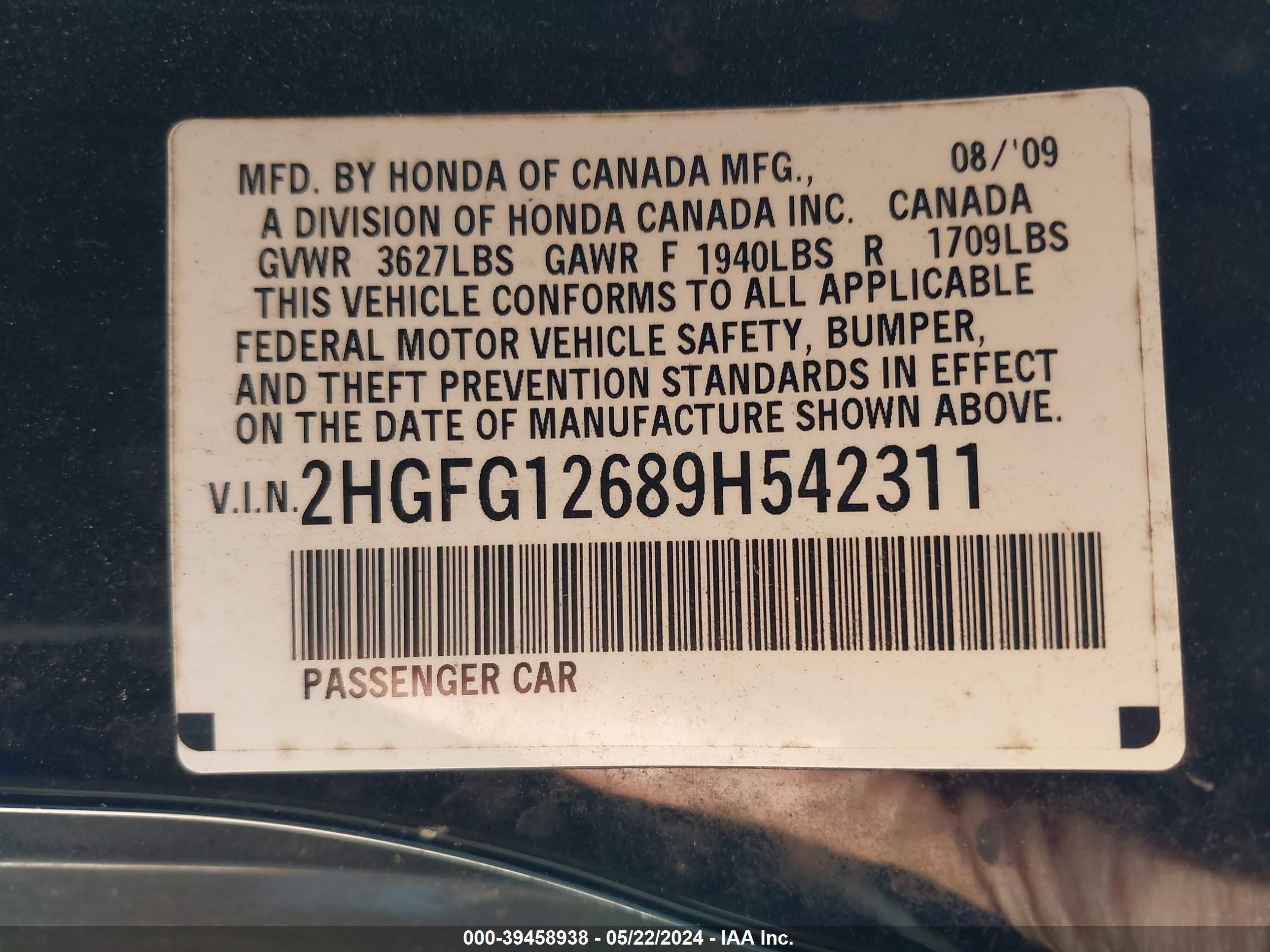 Photo 8 VIN: 2HGFG12689H542311 - HONDA CIVIC 