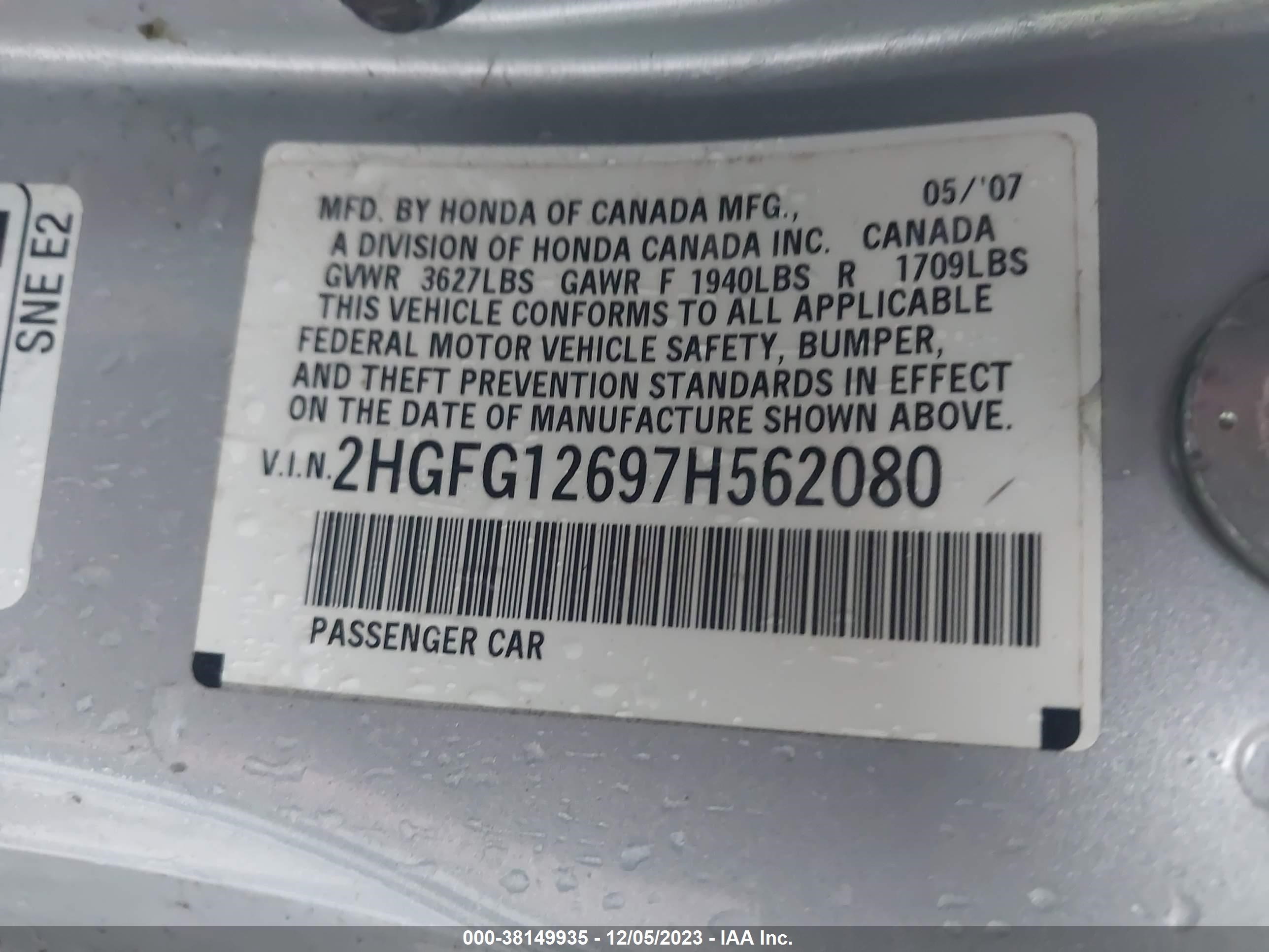 Photo 8 VIN: 2HGFG12697H562080 - HONDA CIVIC 