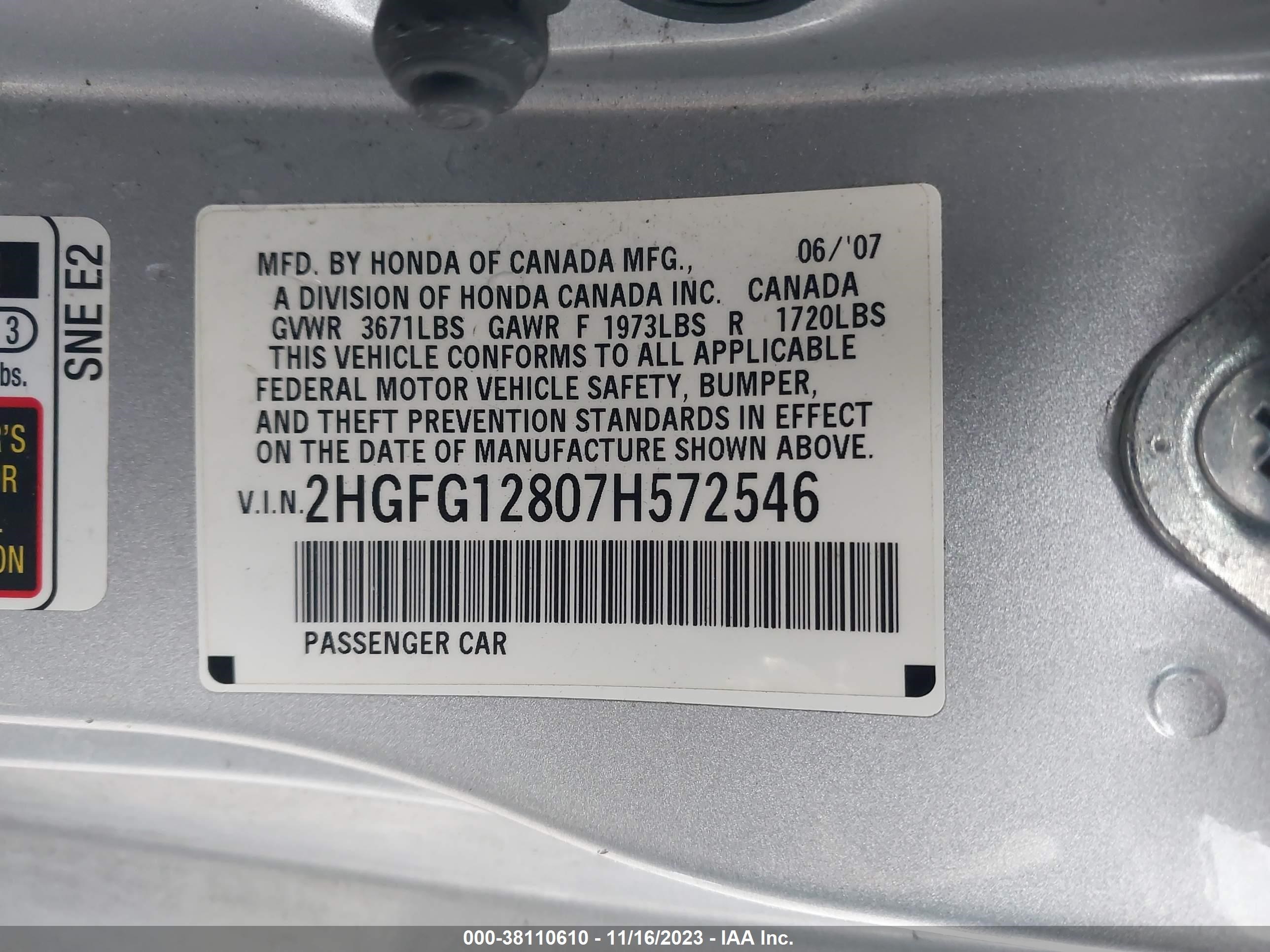 Photo 8 VIN: 2HGFG12807H572546 - HONDA CIVIC 