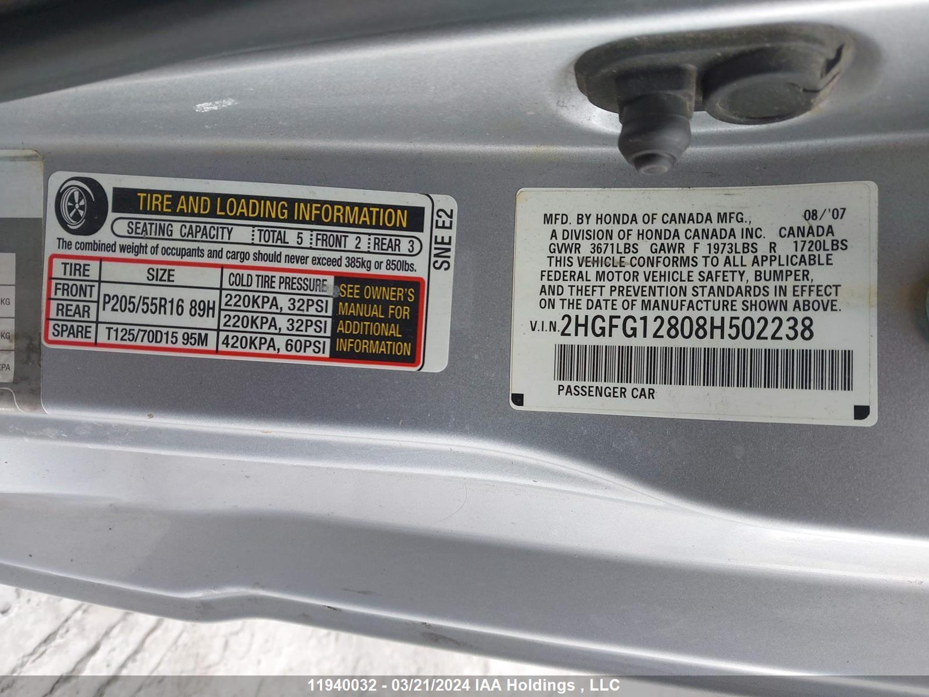 Photo 8 VIN: 2HGFG12808H502238 - HONDA CIVIC 