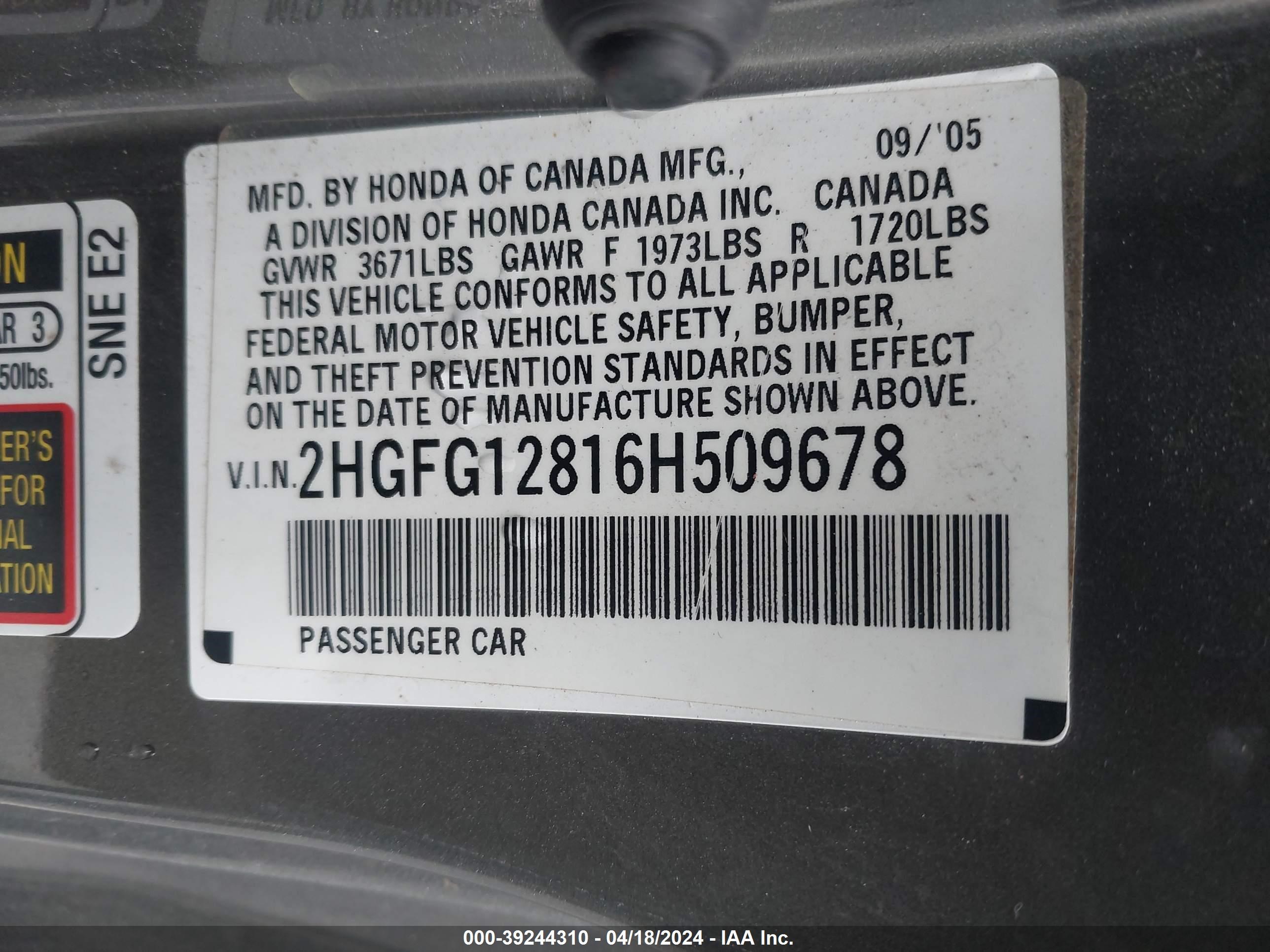 Photo 8 VIN: 2HGFG12816H509678 - HONDA CIVIC 