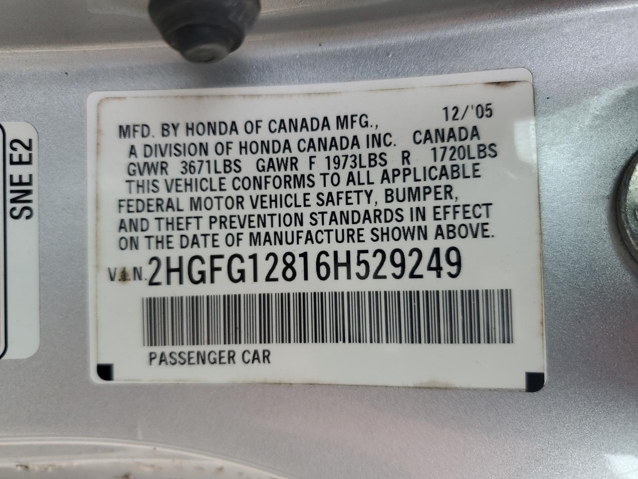 Photo 11 VIN: 2HGFG12816H529249 - HONDA CIVIC 