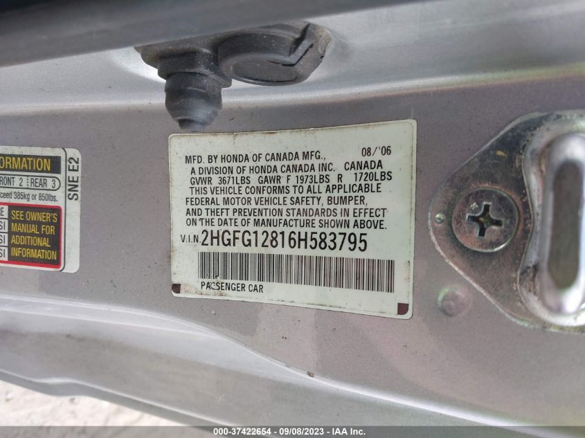 Photo 8 VIN: 2HGFG12816H583795 - TOYOTA COROLLA 